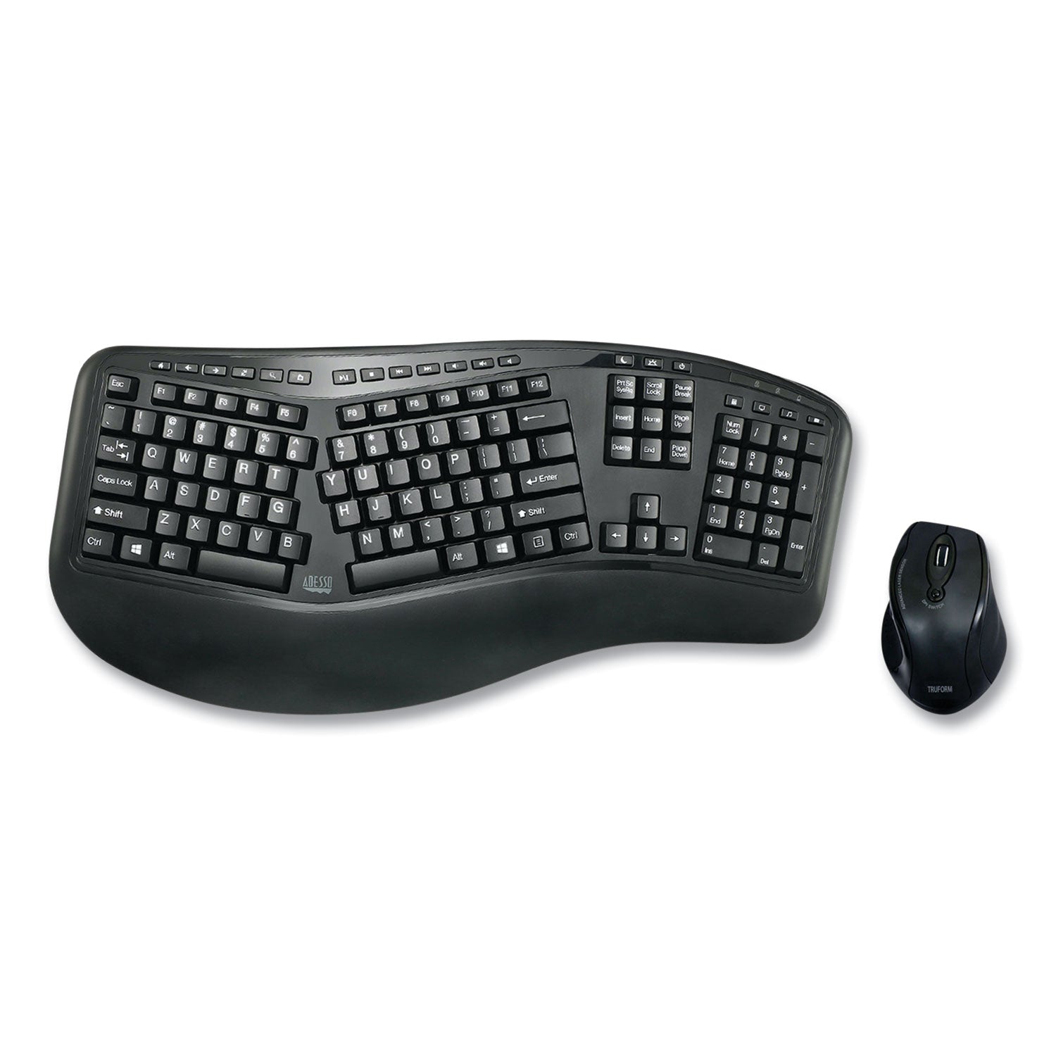 Adesso WKB1500GB Wireless Ergonomic Keyboard and Mouse Combo - 2.4GHz Frequency, 30ft Wireless Range, Black - Perfect for Office, Home & Gaming Setup
