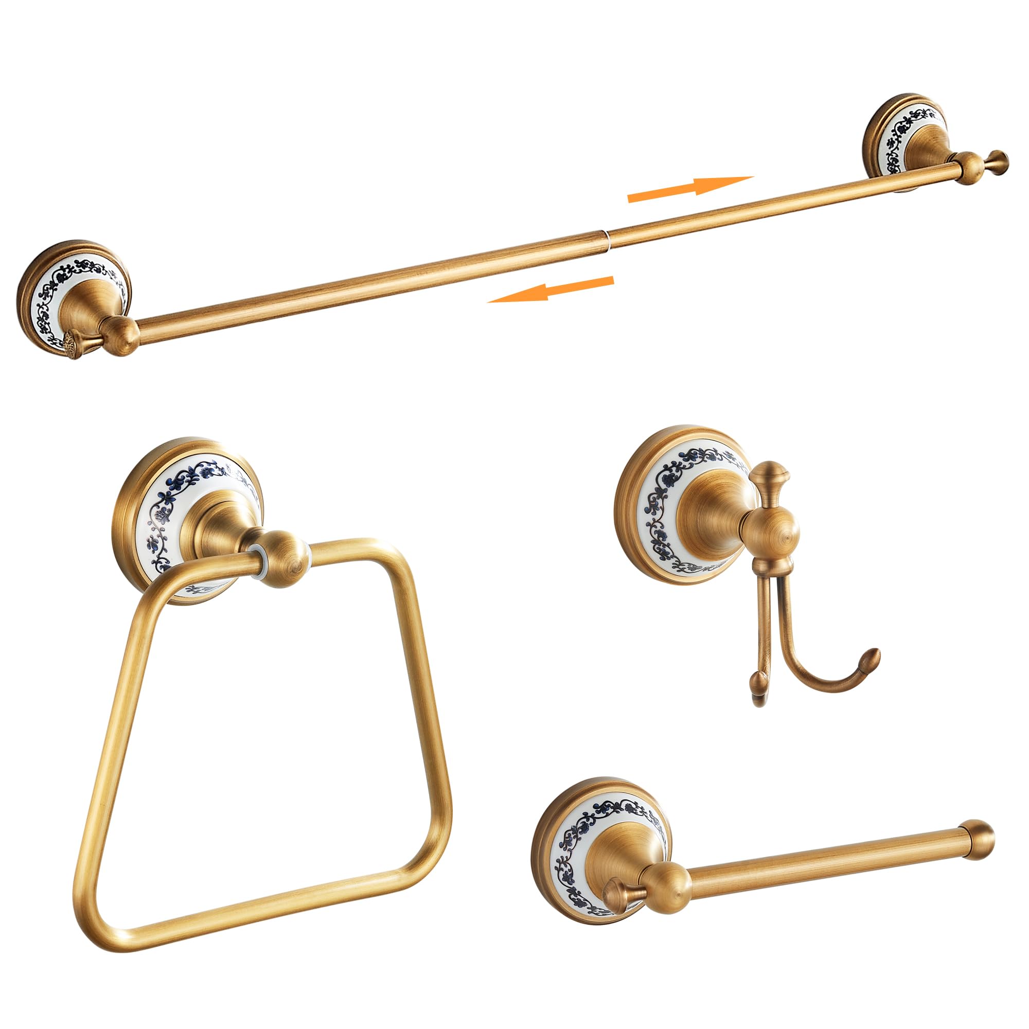 Vintage Bronze Bathroom Hardware Set - Adjustable Towel Rack, Toilet Paper Holder, Hand Towel Ring & Wall Hooks - Porcelain Design Wall Mounted Bath Accessories for Classic & Modern Bathrooms
