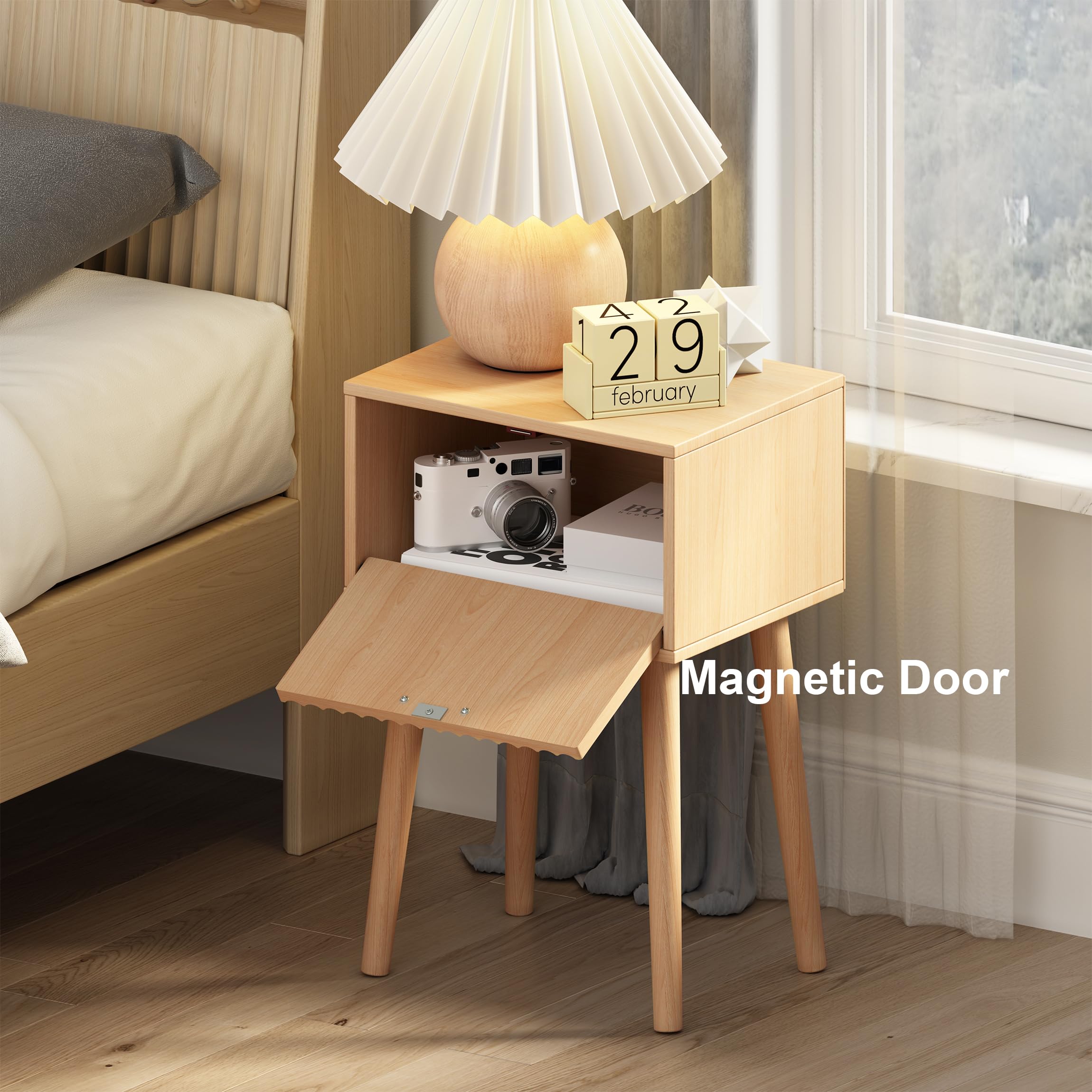 LAATOOREE Nightstand Set of 2 - Modern Mid-Century Bedside Tables with Fluted Door & Solid Wood Feet, Small End Tables for Bedroom, Living Room, or Small Spaces (Natural) - Perfect for Storing Books, Lamps, and Bedroom Essentials