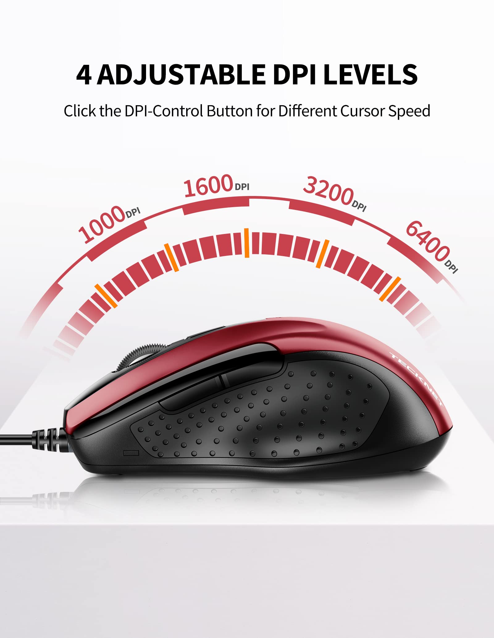TECKNET USB Wired Mouse - 6 Button Ergonomic Optical Computer Mouse with 4 Adjustable DPI (Up to 2400) & 5FT Cord - Compatible with Laptop, PC, Mac, Chromebook - Perfect for Office Work, Gaming & Home Use - Red