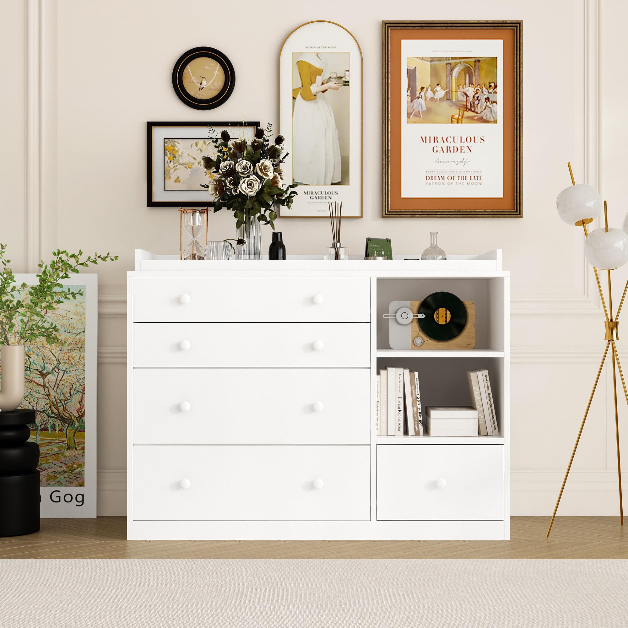 White 5-Drawer Baby Changing Table Dresser with 2 Shelves - Multi-Functional Nursery Dresser & Diaper Changing Station for Kids Room | Perfect for Baby Essentials Storage & Organized Nursery Decor
