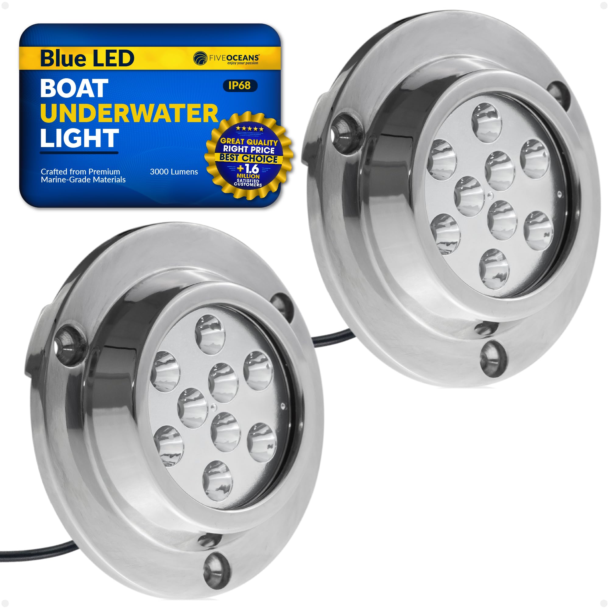Five Oceans 2-Pack High-Power 3000LM Blue LED Underwater Boat Lights - IP68 Waterproof Marine-Grade Lighting with 316 Stainless Steel Body (12-30V DC) for Night Fishing, Yacht Decoration & Underwater Illumination - FO4005-M2