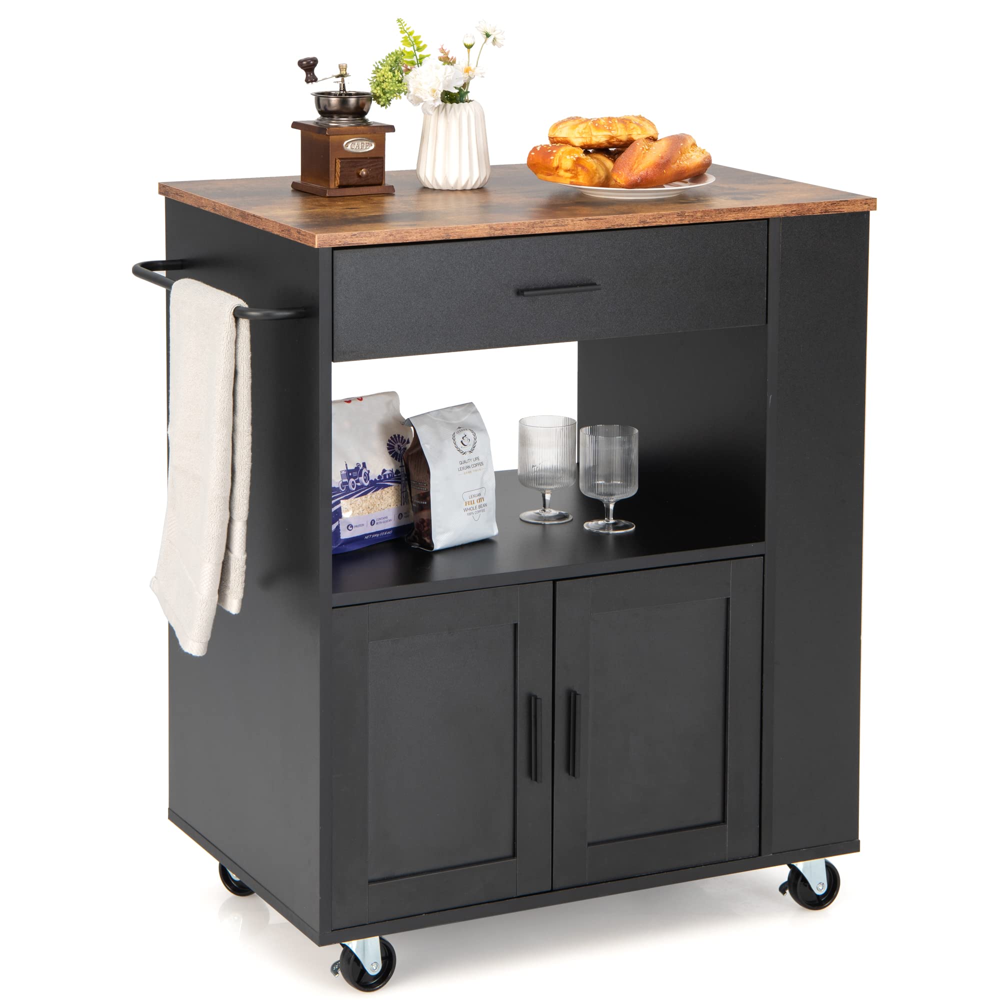 LOKO Mobile Kitchen Island Cart with Lockable Wheels, Towel Rack & Spice Rack - 32.5
