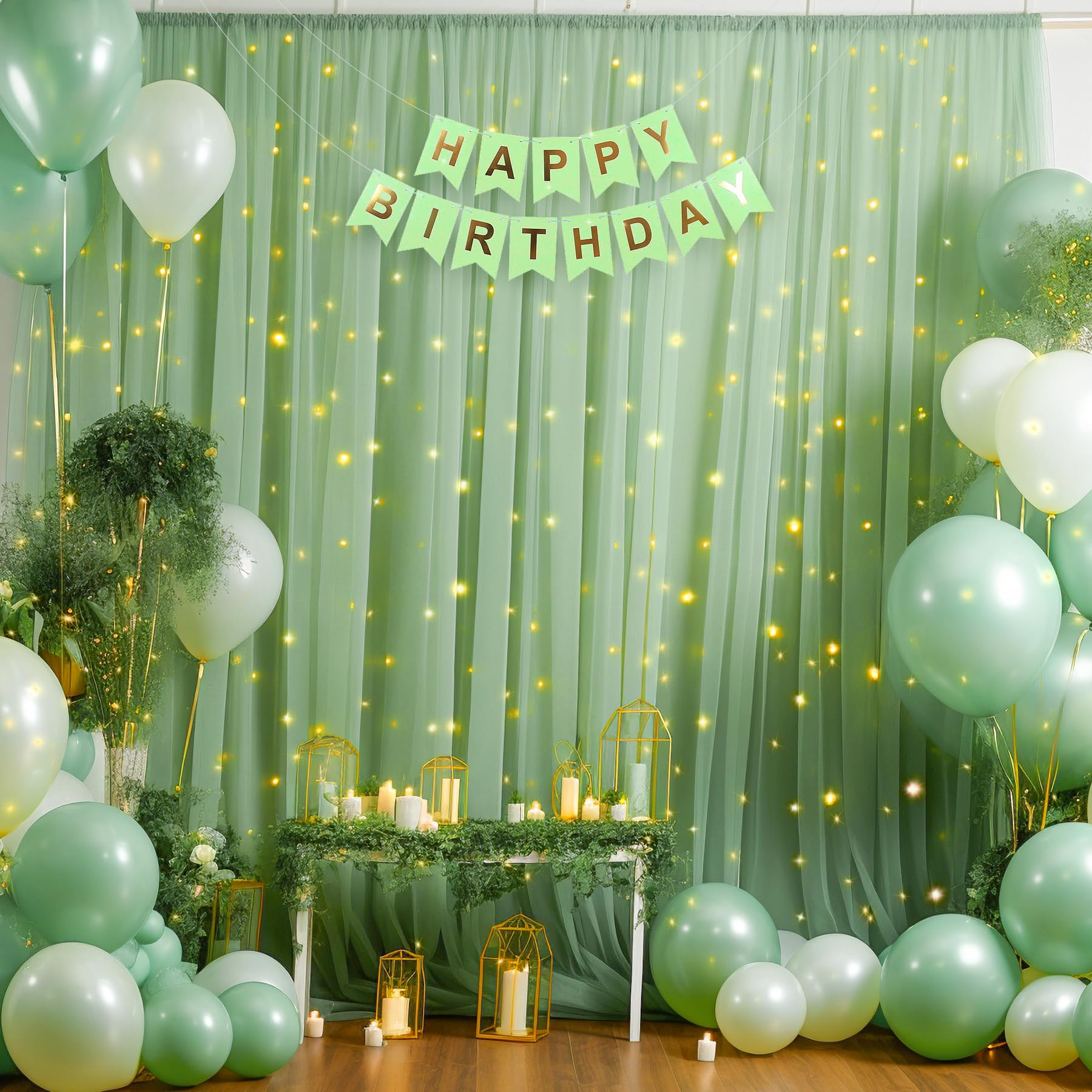 10×10ft Green Tulle Backdrop Curtain with Fairy Lights - Sheer Wedding Party Decor, Photo Booth Background, Birthday Celebration Drapes for Home & Event Decorations