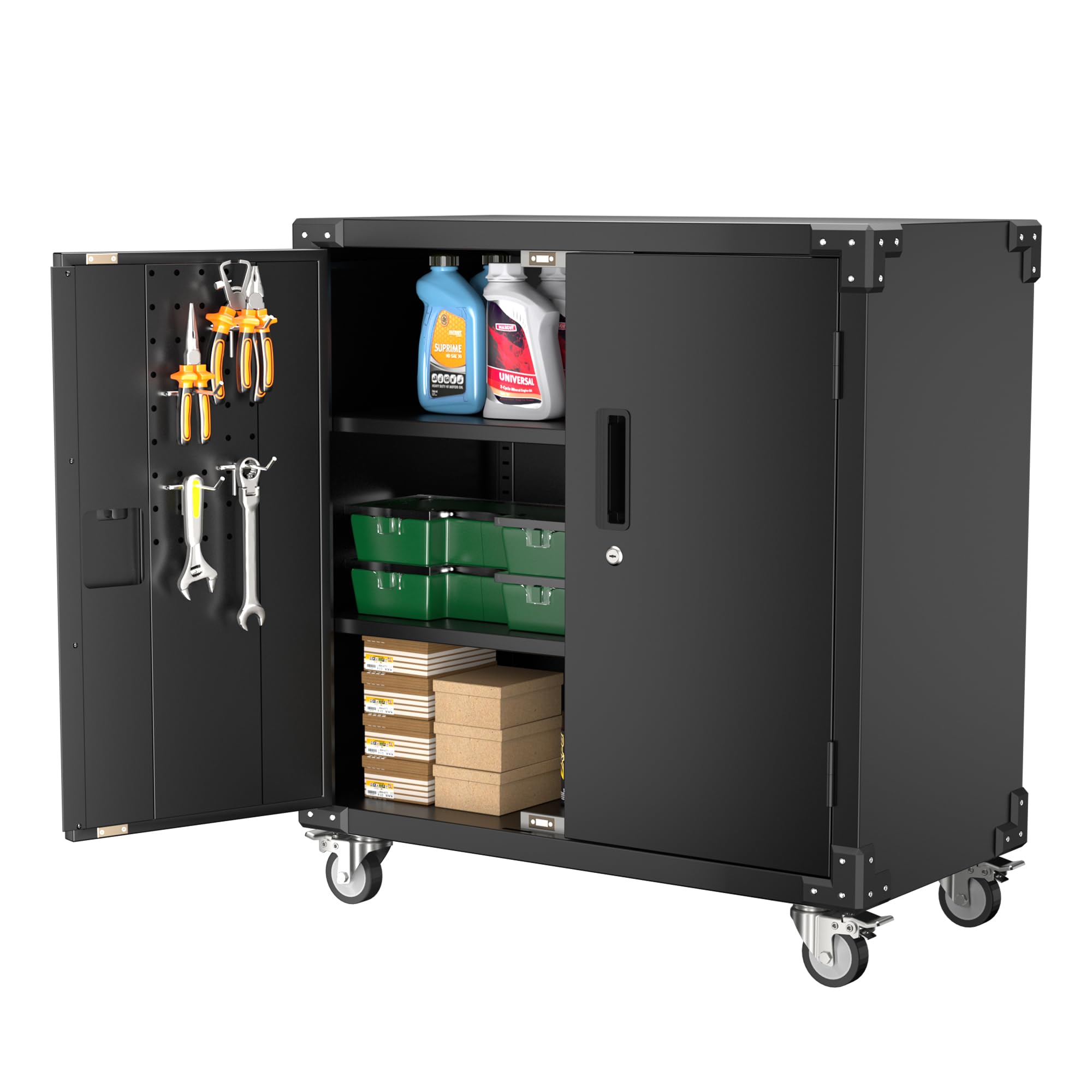 **Heavy Duty Metal Garage Storage Cabinet with 2 Doors & 4 Wheels - Adjustable Shelves Tool Cabinet for Home, Office, Workshop (Black) - SPK-ZSAD-001B | Organize Tools, Equipment & Supplies**