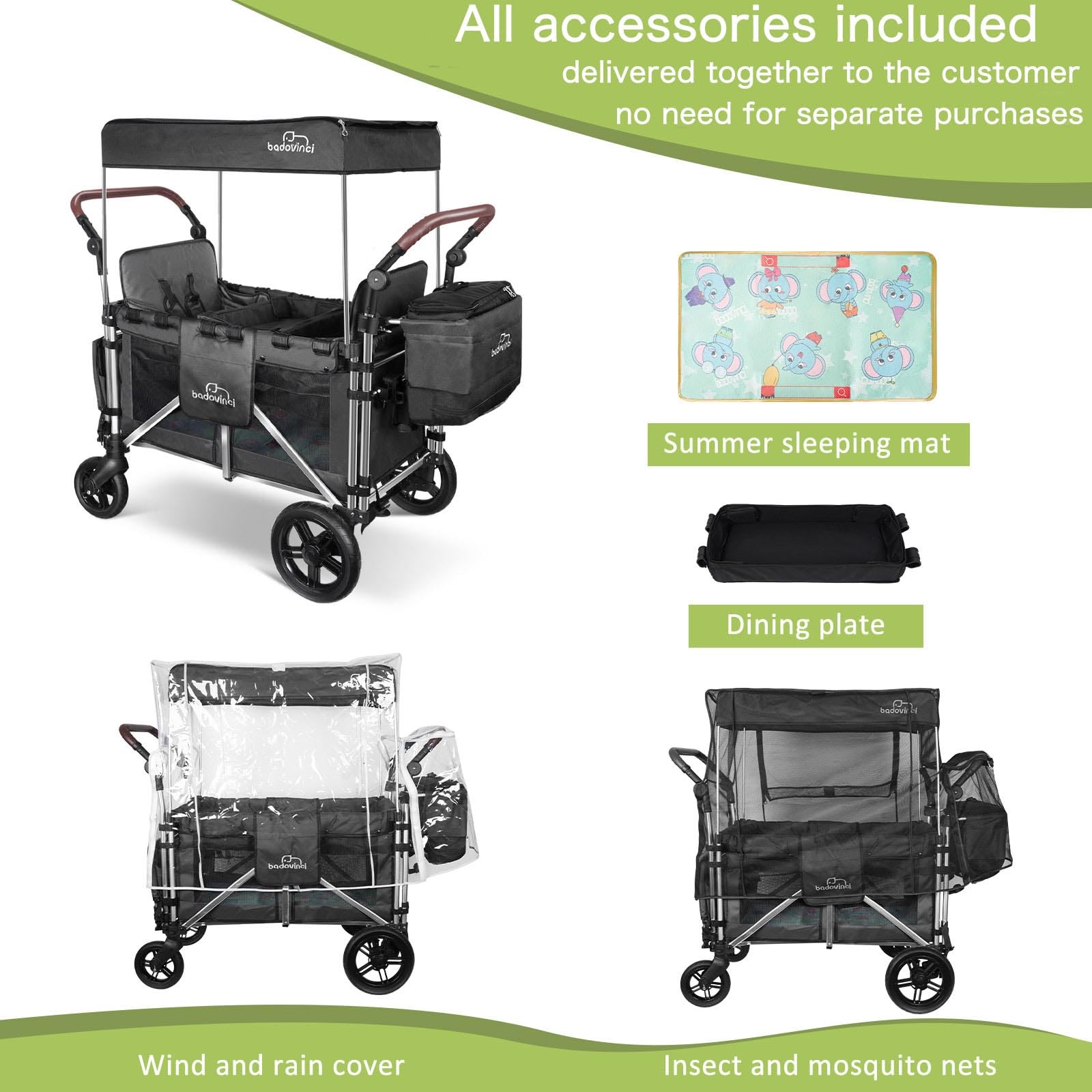 Best Double Stroller Wagon for 2 Kids - 2 High Seats with 5-Point Safety Harnesses & Adjustable Canopy - Foldable Push-Pull Wagon Cart for Outdoor, Camping, Shopping, Beach Trips and Family Adventures