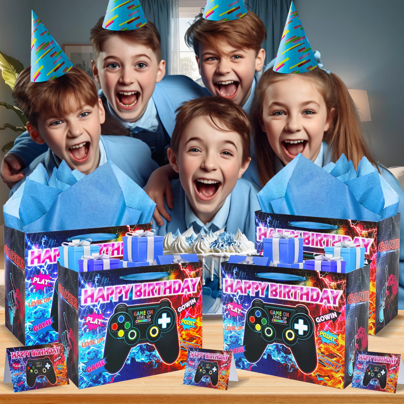 Video Game Themed Birthday Party Decorations - 12 Pack Gaming Favor Bags with Happy Birthday Tissue Paper & Greeting Cards for Boys & Girls | Perfect for Gamer Birthday Parties, Christmas Celebrations & Gaming Events