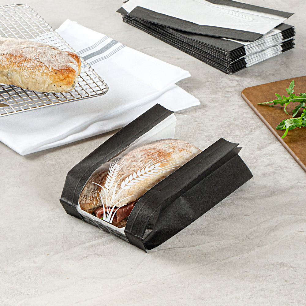 Greaseproof Black Paper Bread Bags - Micro Perforated Wheat Pattern (4.5