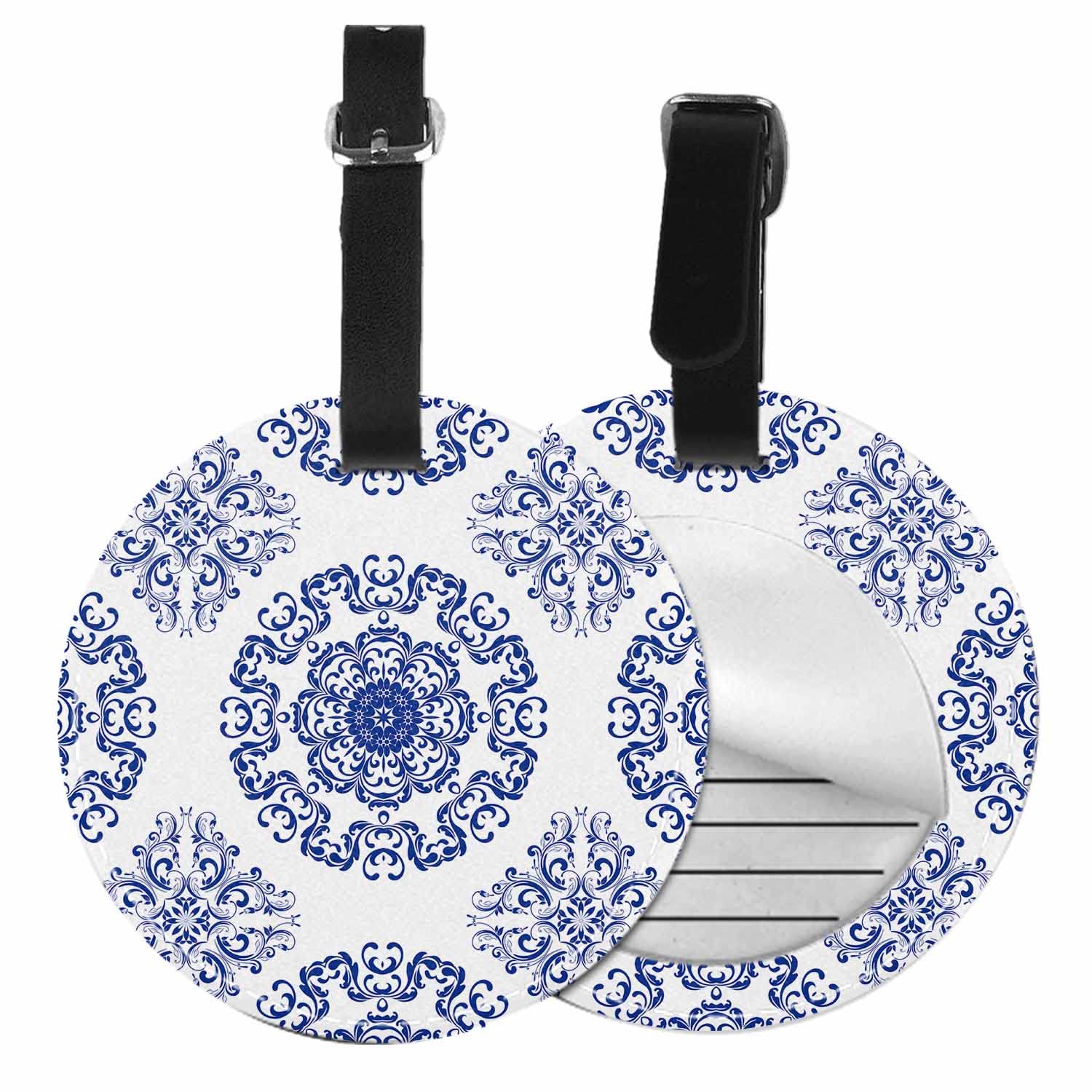 Vintage Floral PU Leather Luggage Tags - Round Microfiber Suitcase ID Tags for Travel Bags, Blue Classical Style | Perfect for Airports, Cruise Ships & Business Trips