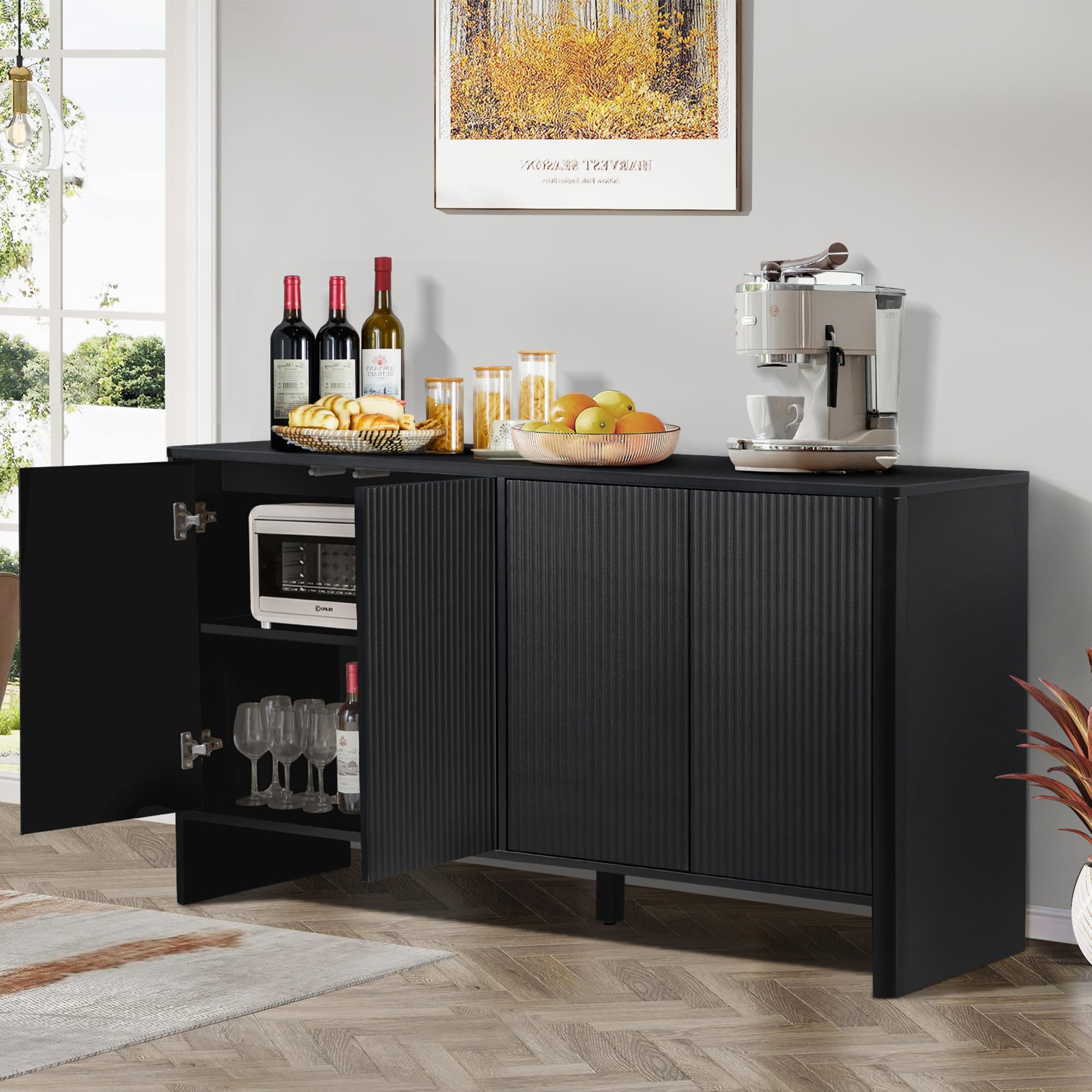 Modern Sideboard Buffet Cabinet with 4 Fluted Doors & Adjustable Shelves - Wood Credenza Storage Console for Kitchen, Dining Room, Living Room & Entryway - Stylish Home Organization Solution (Black)