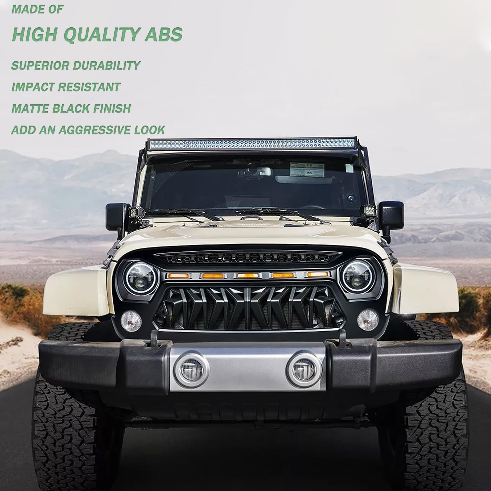 Shark Grille Mesh Front Grill for Jeep Wrangler JK & JKU (2007-2018) - Compatible with Unlimited, Rubicon, Sahara & Sport Models - Includes Amber LED Lights | Off-Road & Street Legal Upgrade