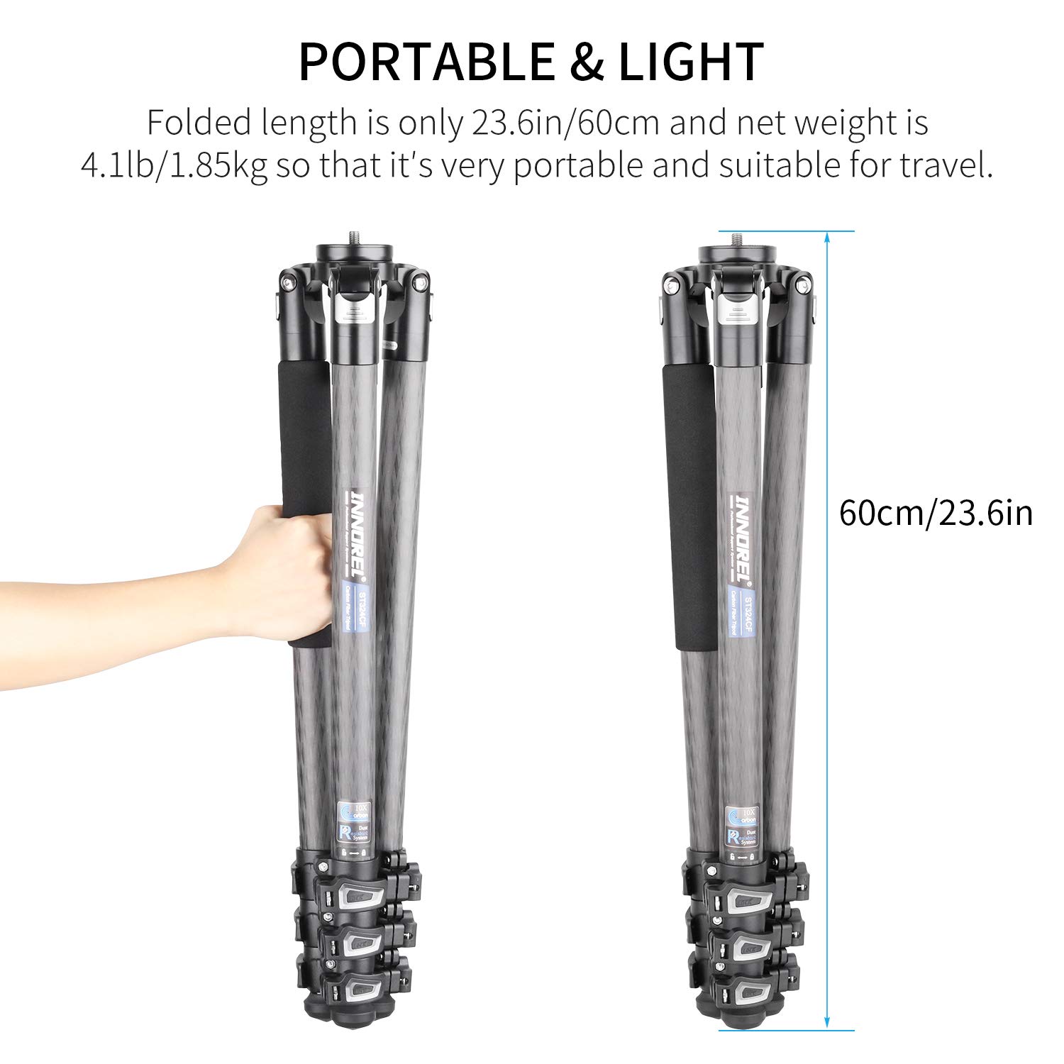 INNOREL ST324CF 32mm Carbon Fiber Tripod with Lever Lock - Heavy Duty Professional Camera Tripod Supports 30kg, 13-158cm Adjustable Height - Includes 58mm Bowl Adapter, Carry Bag & Camera Strap for Photography, Videography & Outdoor Shooting