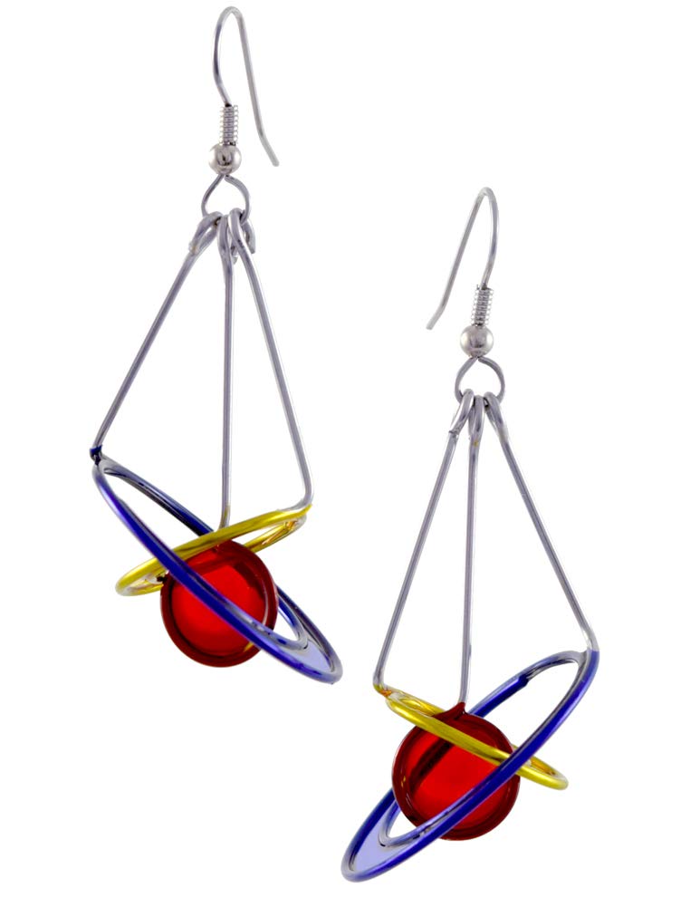 Kinetic Sculpture Inspired Stainless Steel Art Earrings - Red Blue Yellow Cosmos Design for Women, Perfect for Parties, Weddings, and Everyday Elegance