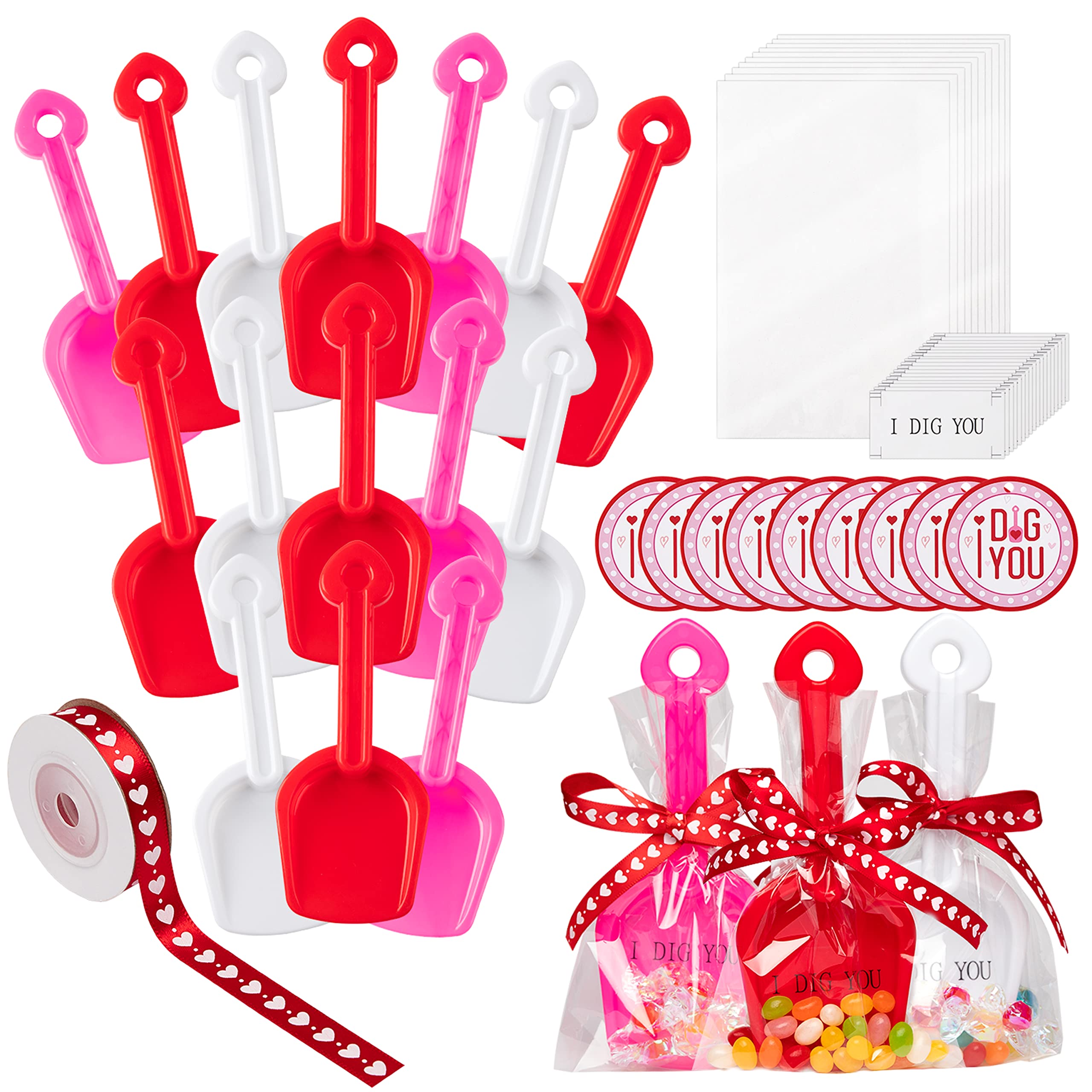Haooryx Mini Shovel Toy Gift Set - 18-Piece Valentine's Day Plastic Sand Scoop Shovels with I Dig You Stickers, Clear Bags & Heart Ribbon - Perfect for Beach Party Favors, Kids Sandbox Play & Valentine Classroom Gifts (White/Red/Pink)
