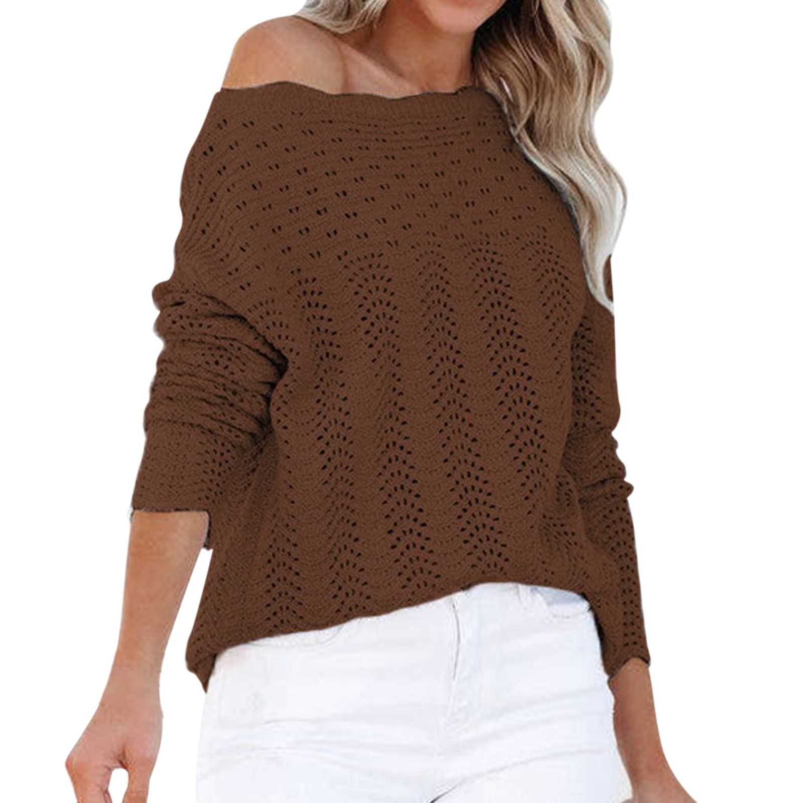 Women's Off Shoulder Long Sleeve Knit Pullover Sweater - Casual Warm Jumper Top for Fall & Winter | Perfect for Date Nights, Office Wear and Cozy Weekends
