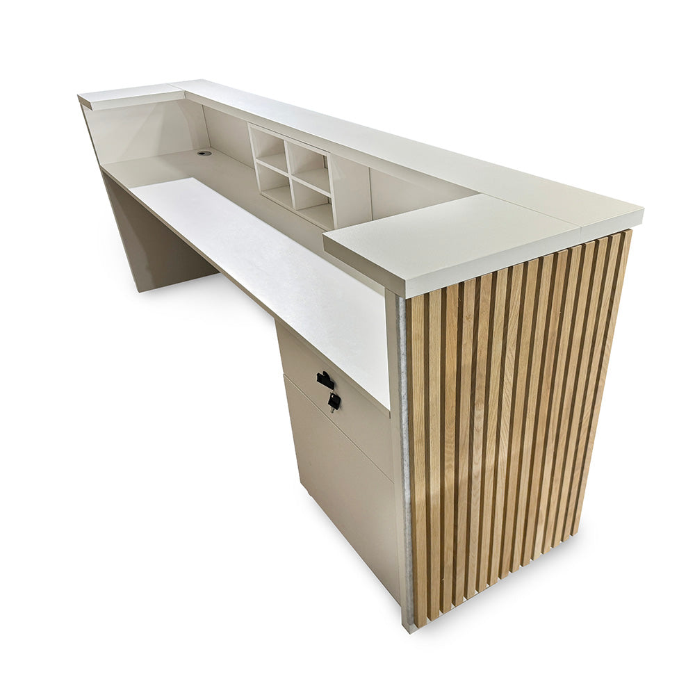 KENTO 240cm Modern Reception Desk - Timber Slat Acoustic Panel Design in White & Oak Finish - Perfect for Office Lobby, Hotel Front Desk, and Corporate Waiting Areas