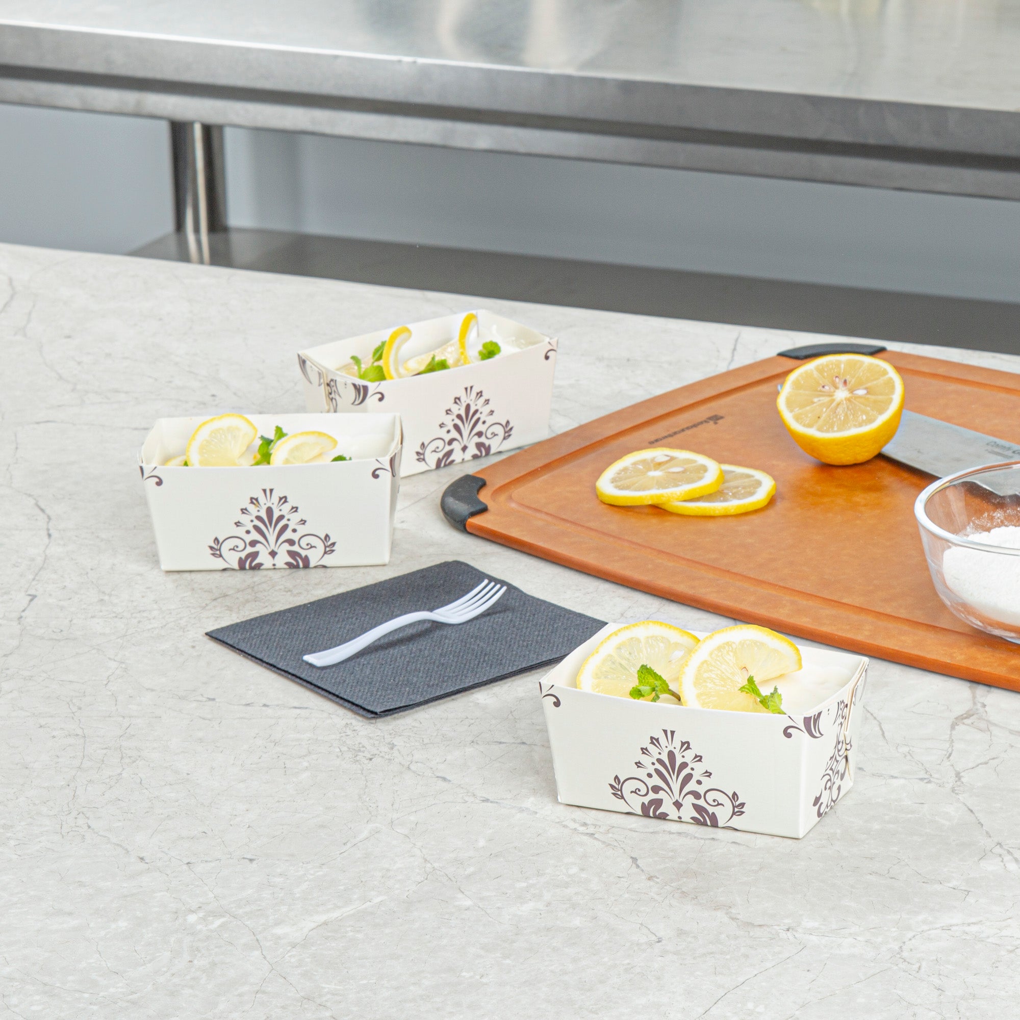 Bake Tek 9 oz Beige Vintage Floral Paper Mini Loaf Pans - Greaseproof Baking Cups (4