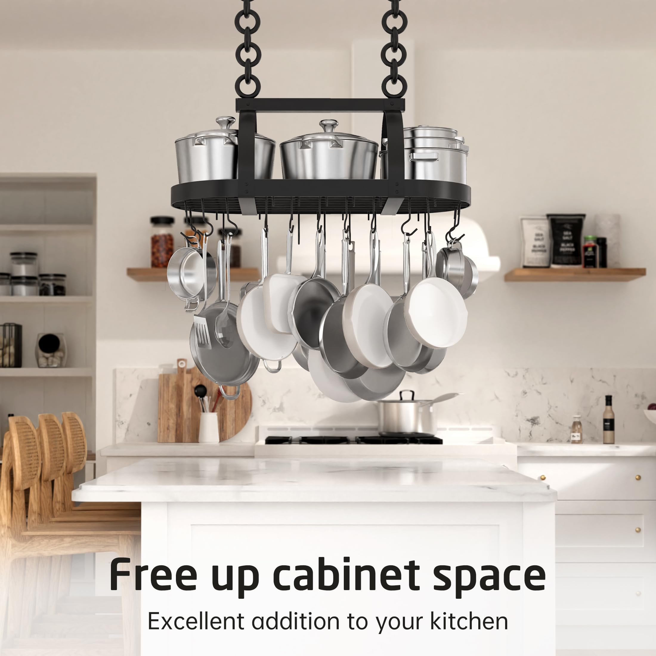 34-Inch Oval Matte Black Ceiling Pot Rack with 20 S-Hooks - Heavy Duty Kitchen Storage for Pots & Pans - Fits 16