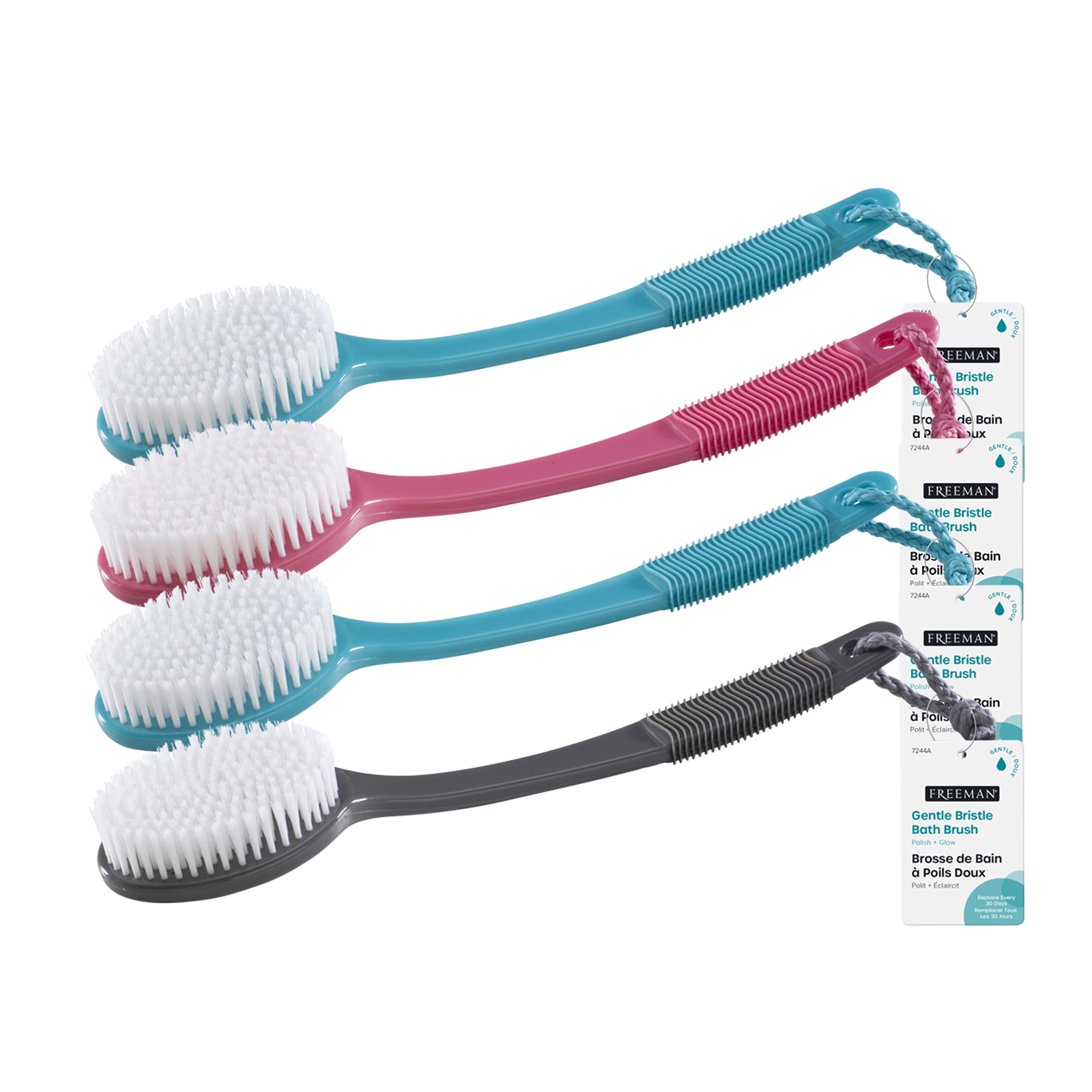 Body Image Gentle Bristle Bath Brush Set of 4 - Exfoliating & Massaging Shower Brush for Smooth Skin - Perfect for Back Scrubbing, Dry Brushing & Spa Relaxation
