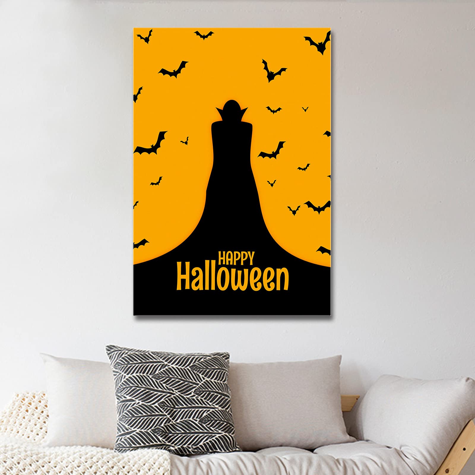 Vampire Bat Canvas Wall Art - Happy Halloween Painting with Orange Background - 36x24 Inch Bathroom & Living Room Decor - Spooky Home & Office Wall Posters for Halloween Party Decorations