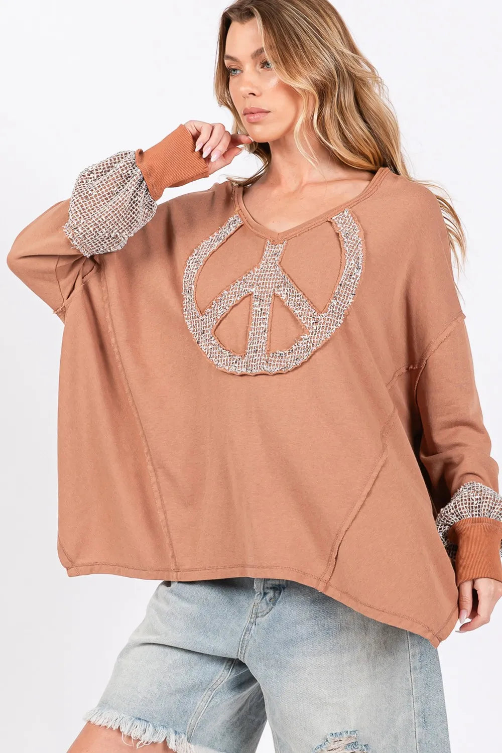 Boho Beachy Peace Sign Mineral Wash Terry Top - Soft & Comfortable Women's Casual Shirt for Summer, Vacation, and Music Festivals