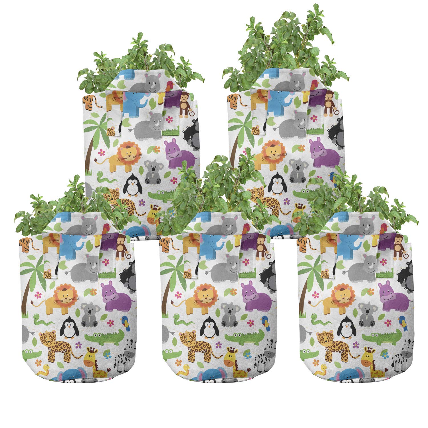 Lunarable 5-Pack Heavy Duty Animal Print Grow Bags with Handles - Jungle & Zoo Pattern Fabric Plant Pots for Indoor/Outdoor Gardening (Grey Purple) - Perfect for Vegetables, Herbs, Flowers & Home Garden Decor