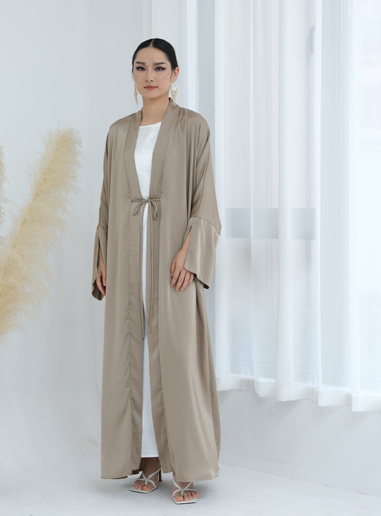 Lavinia Satin Open Abaya Champagne - Elegant Muslim Prayer Dress for Women | Perfect for Eid, Ramadan & Special Occasions