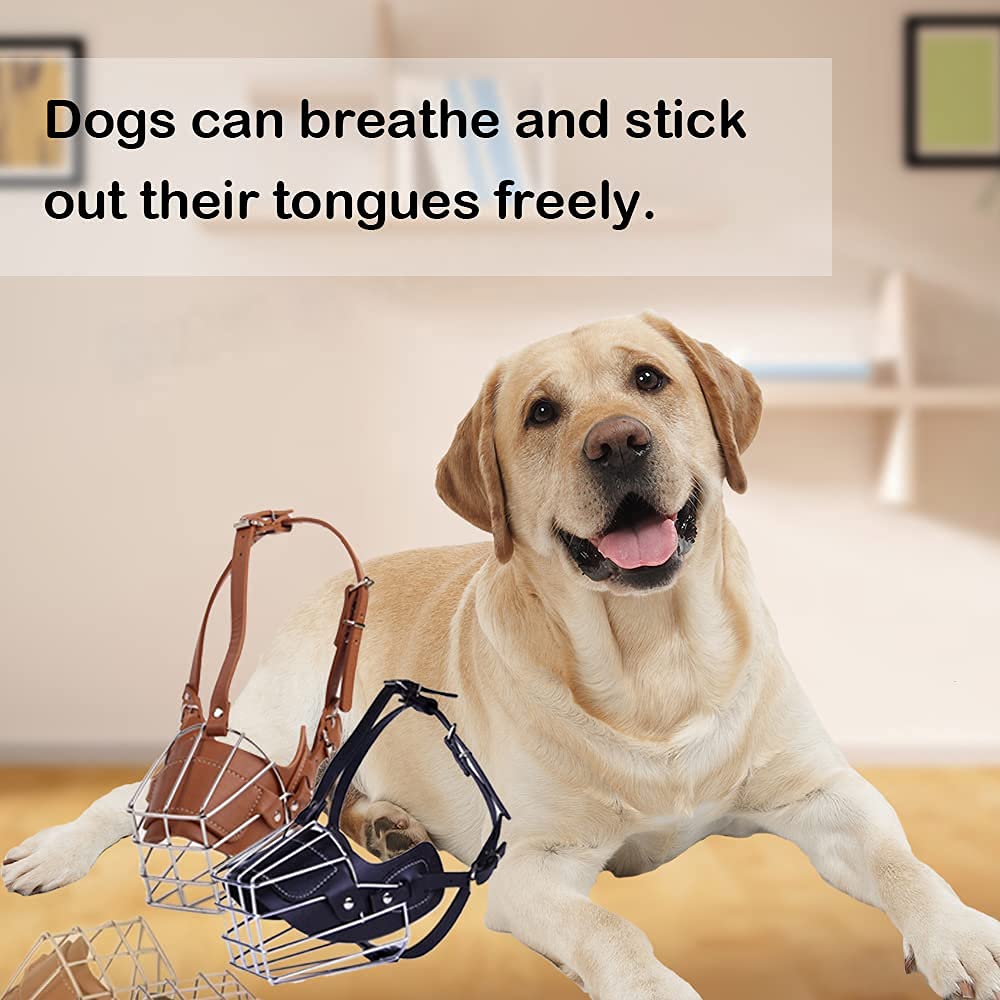 HITNEXT Adjustable Metal & Leather Basket Dog Muzzle for Medium to Large Dogs - Size L, Brown - Perfect for Training, Grooming, and Vet Visits