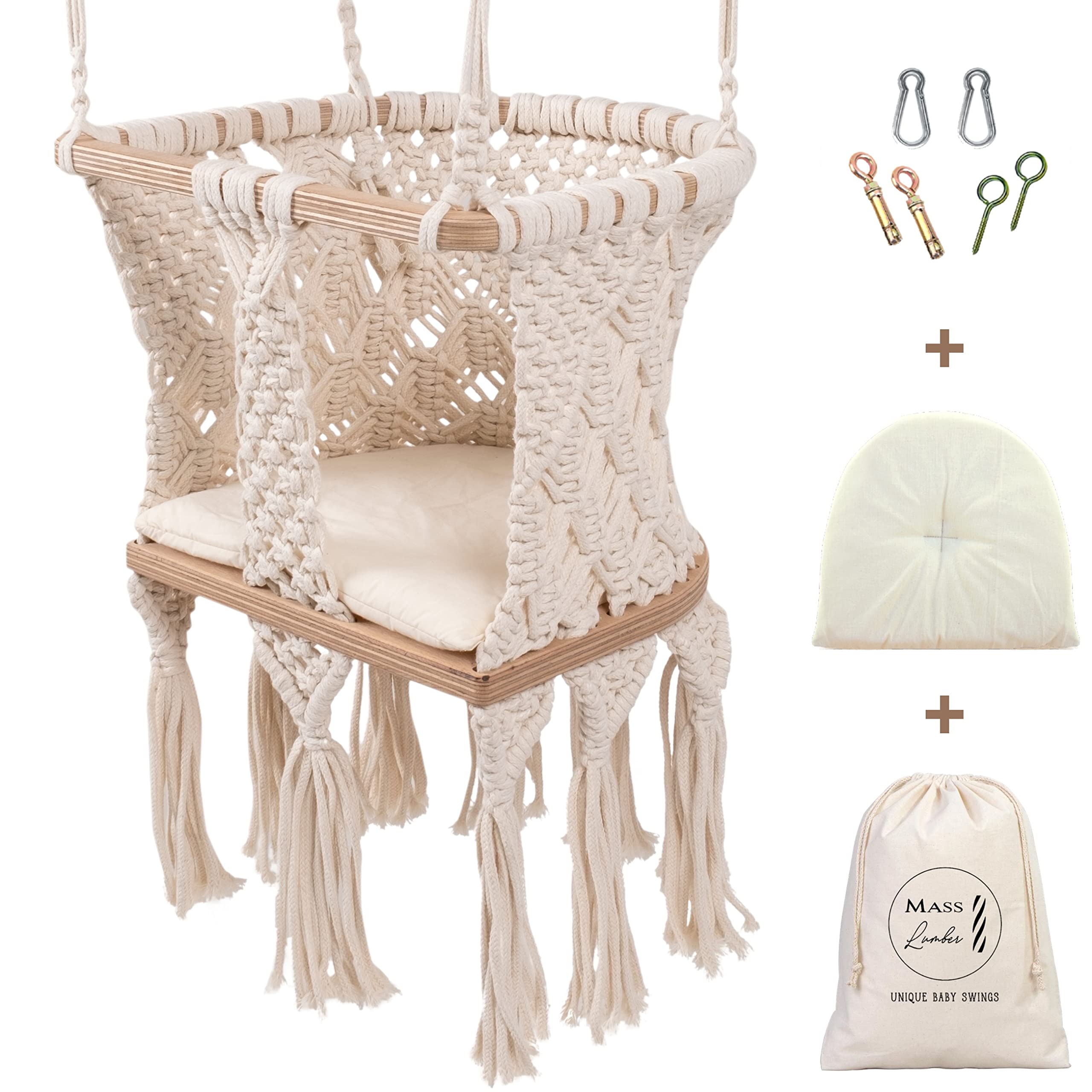 Boho Macrame Baby Swing with Ceiling Hardware, Cushion & Storage Bag - Indoor/Outdoor Infant to Toddler Swing Seat - Perfect for Nursery, Patio, or Backyard Relaxation