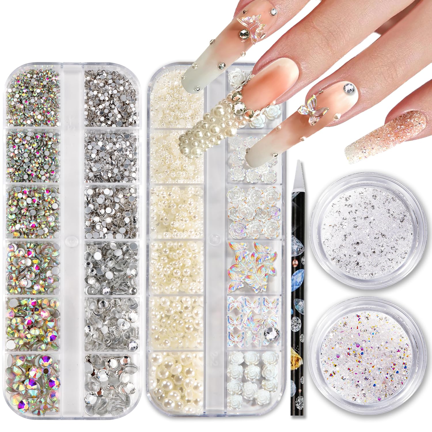 11000 PCS Nail Rhinestones and Pearls Kit - 4 Boxes of 3D Nail Gems, Crystals & Charms for Nail Art with Wax Pencil | Perfect for DIY Manicures, Salon Nail Designs, and Wedding Nail Decorations