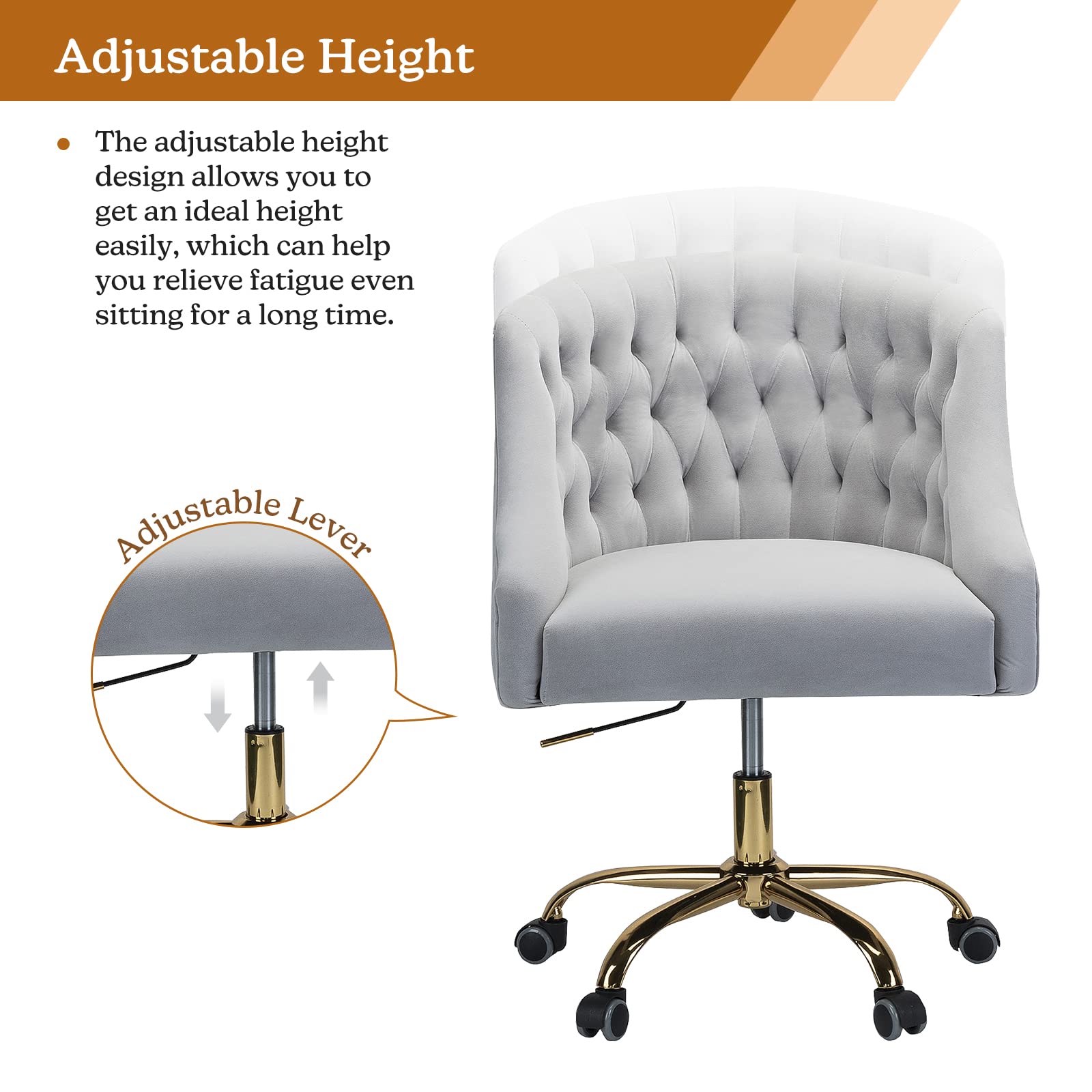 Luxury Velvet Home Office Chair with Gold Base - Modern Adjustable Swivel Task Chair for Living Room, Bedroom & Study - Ergonomic Comfort Desk Chair (Grey) - Perfect for Remote Work, Gaming & Vanity Areas