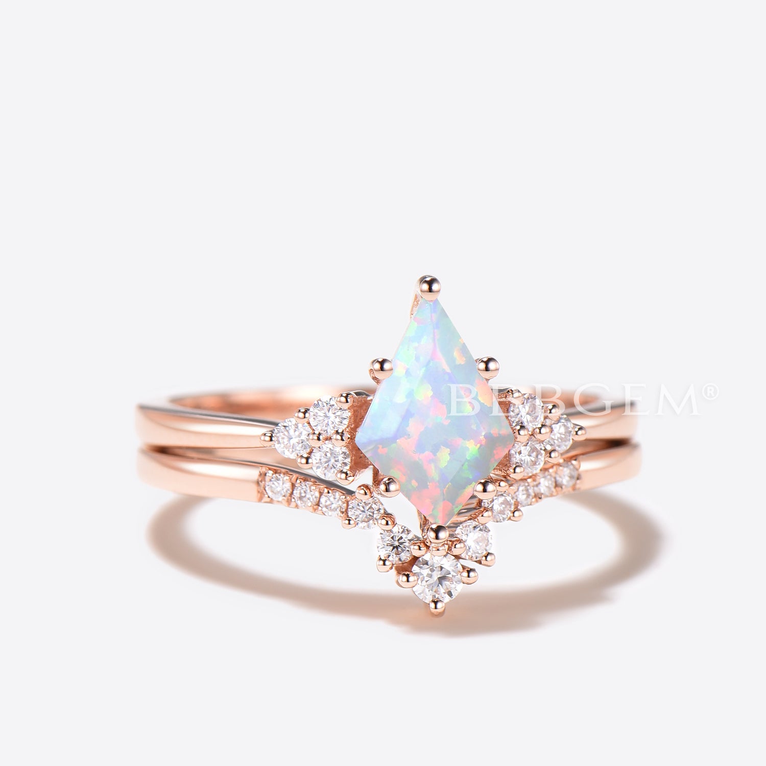 White Opal Diamond Cluster Engagement Ring Set - Elegant Kite Cut Bridal Jewelry for Weddings & Proposals