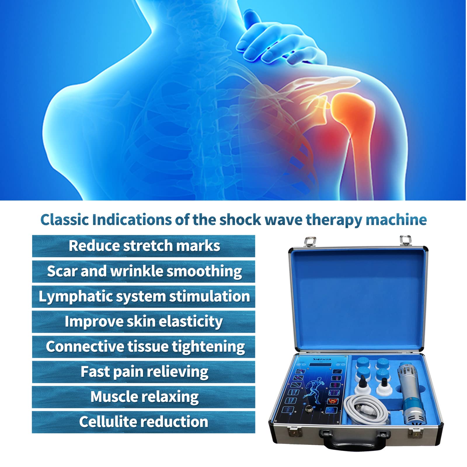 Shockwave Therapy Machine for Pain Relief - 7 Massage Heads for Deep Tissue Muscle Relaxation, Body Massager for Back, Neck, Shoulder & Leg Pain - Perfect for Home Use, Sports Recovery & Physical Therapy