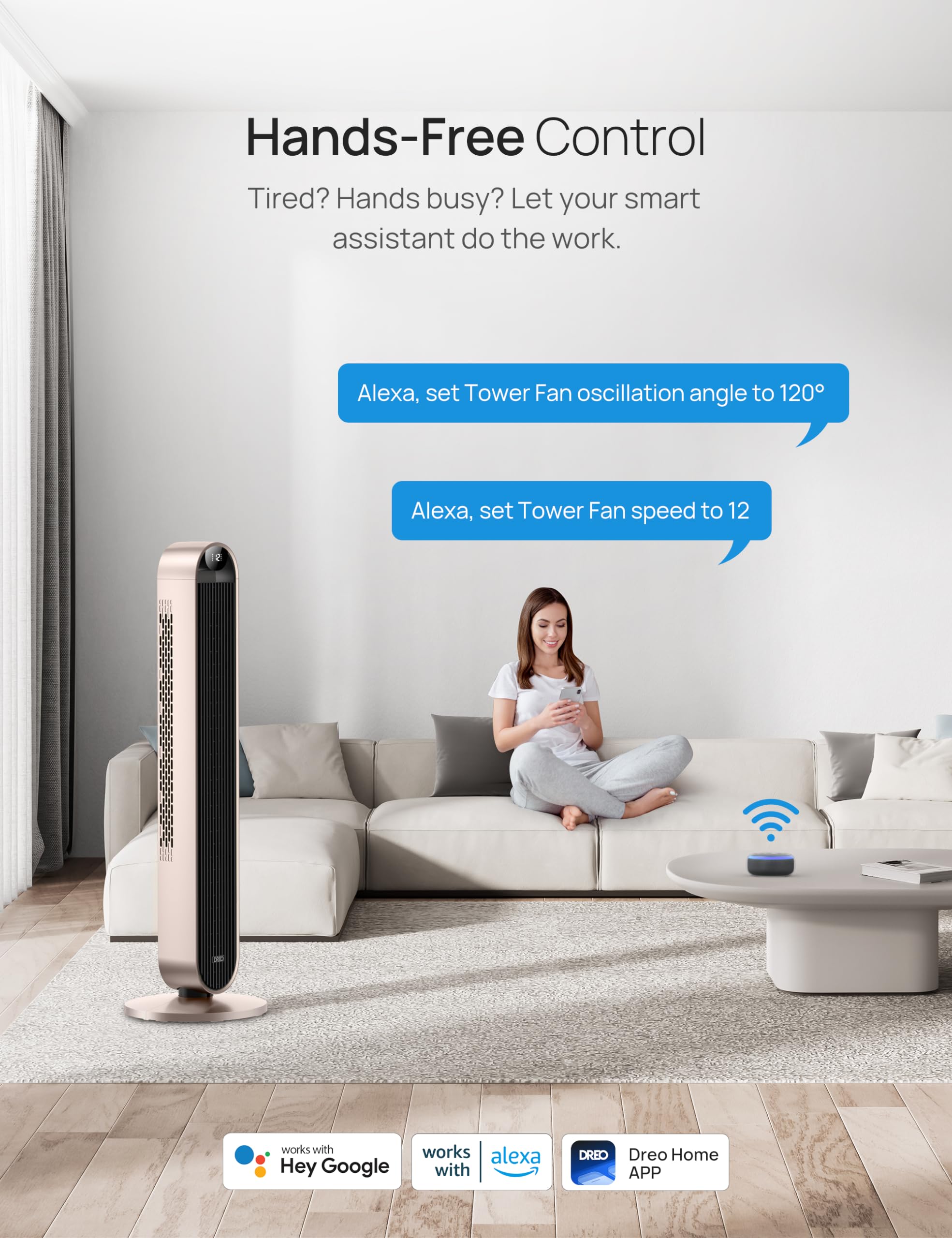 Dreo Smart Tower Fan 42 Inch with Voice Control, 120° Oscillation - Works with Alexa & Google Assistant, 25dB Ultra Quiet DC Bladeless Fan for Bedroom, Office & Home - 12 Speed Settings, Remote & App Control - Perfect for Cooling, Air Circulation & White Noise Sleep Aid