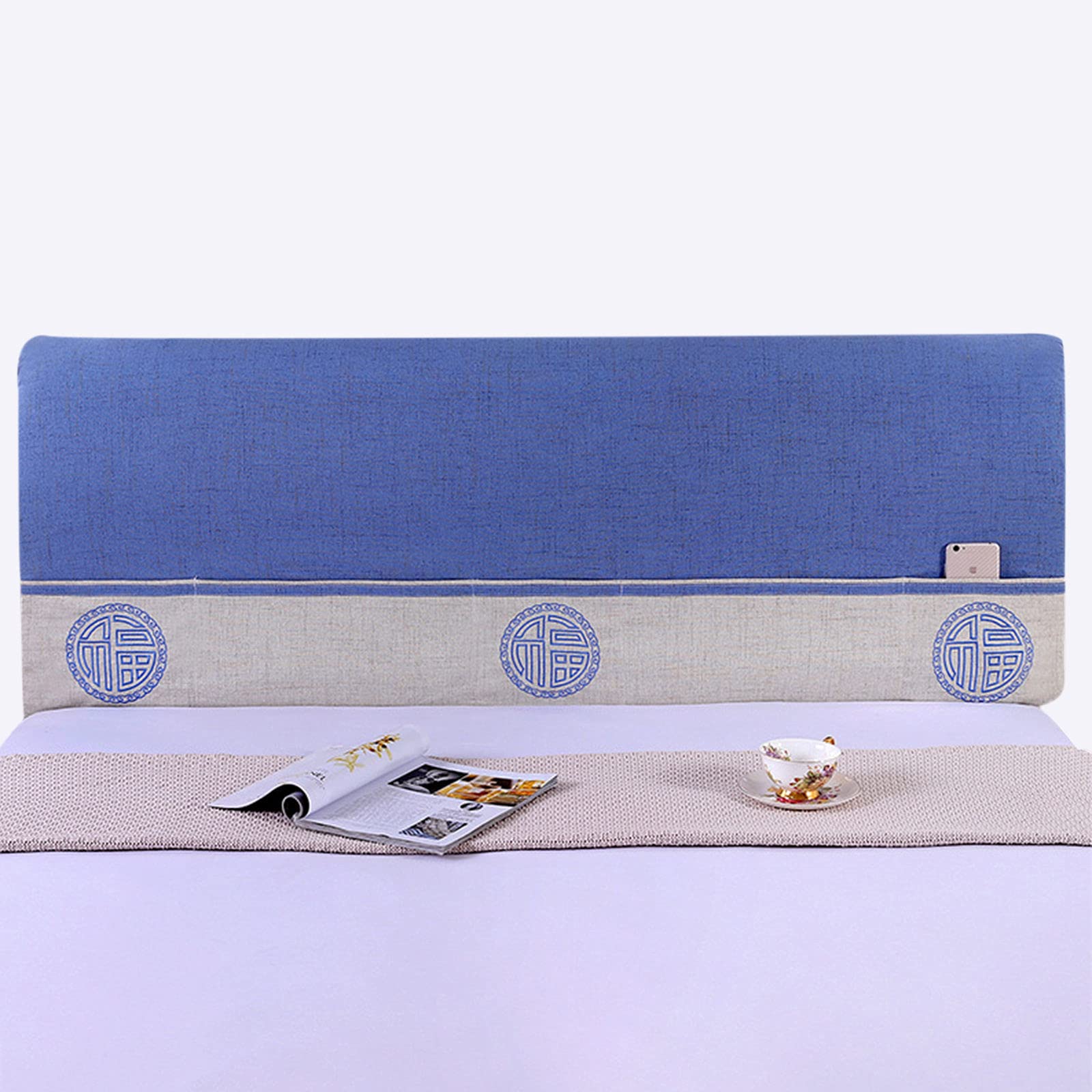 Stretch Bed Headboard Slipcover - Jacquard Dust-Proof Fabric with Storage Pockets, Hotel & Home Furniture Protector (Blue, 200cm) - Perfect for Bedroom Decor & Guest Room Upgrade