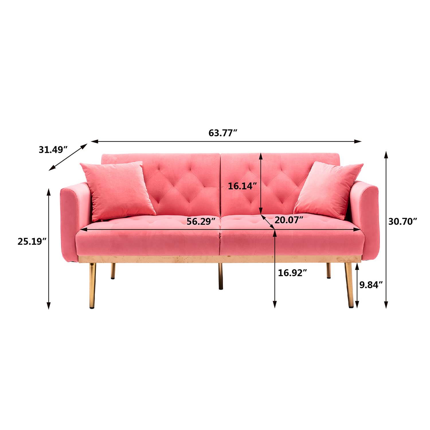 Antetek Velvet Futon Sofa Bed - 3 Adjustable Positions, Small Sleeper Loveseat with 2 Decorative Pillows, Modern Convertible Couch with Metal Tapered Legs (Peach) | Perfect for Small Apartments, Guest Rooms & Home Offices