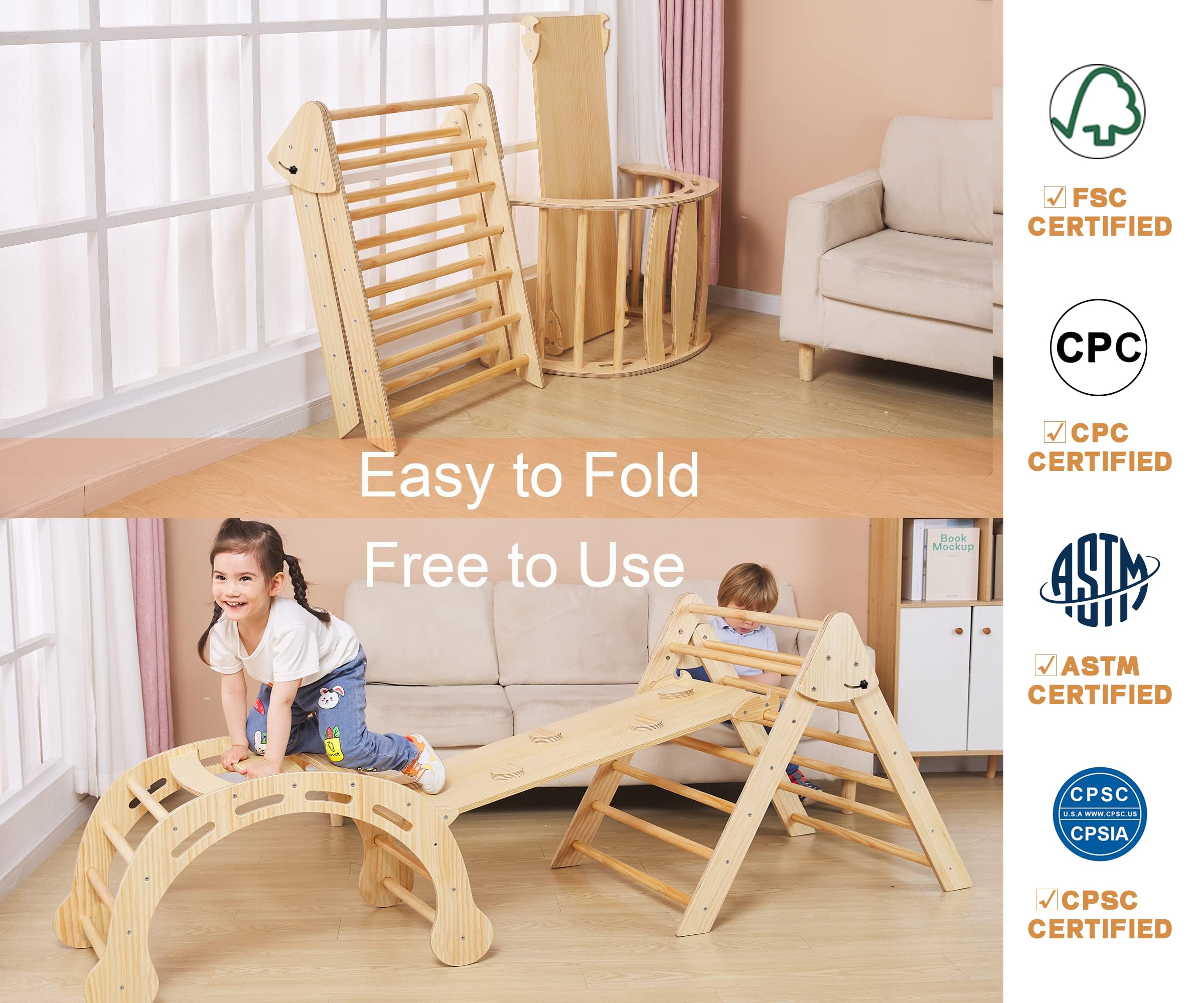 **8-in-1 Foldable Pikler Triangle Set – Montessori Climbing Gym for Toddlers 1-7 Years | Indoor & Outdoor Play Equipment with Arch & Rocker | Heavy-Duty 33LB Jungle Gym for Home, Daycare, or Backyard Play**