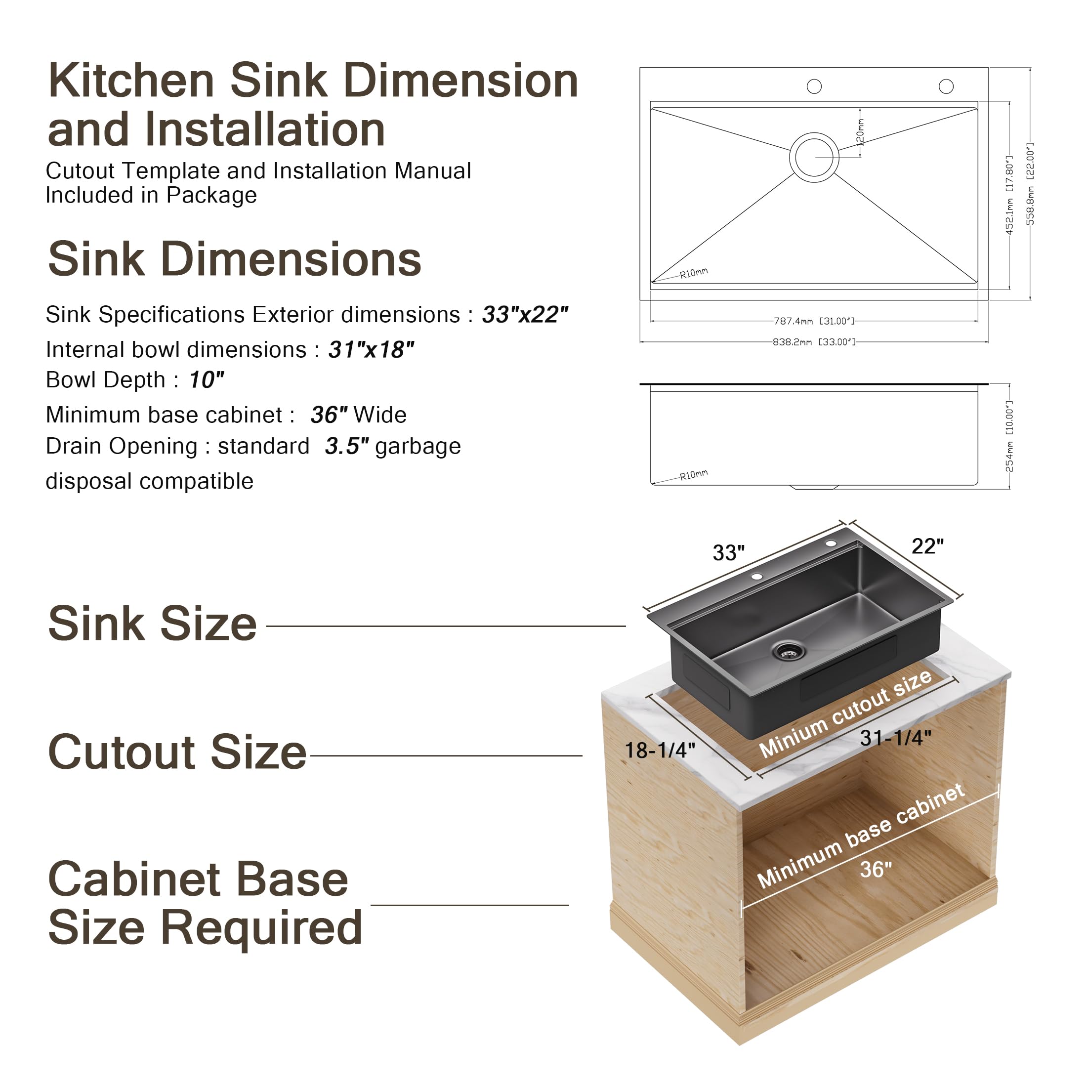 33 Inch Black Drop-In Kitchen Sink - 16 Gauge Stainless Steel Workstation Sink with Accessories - 33