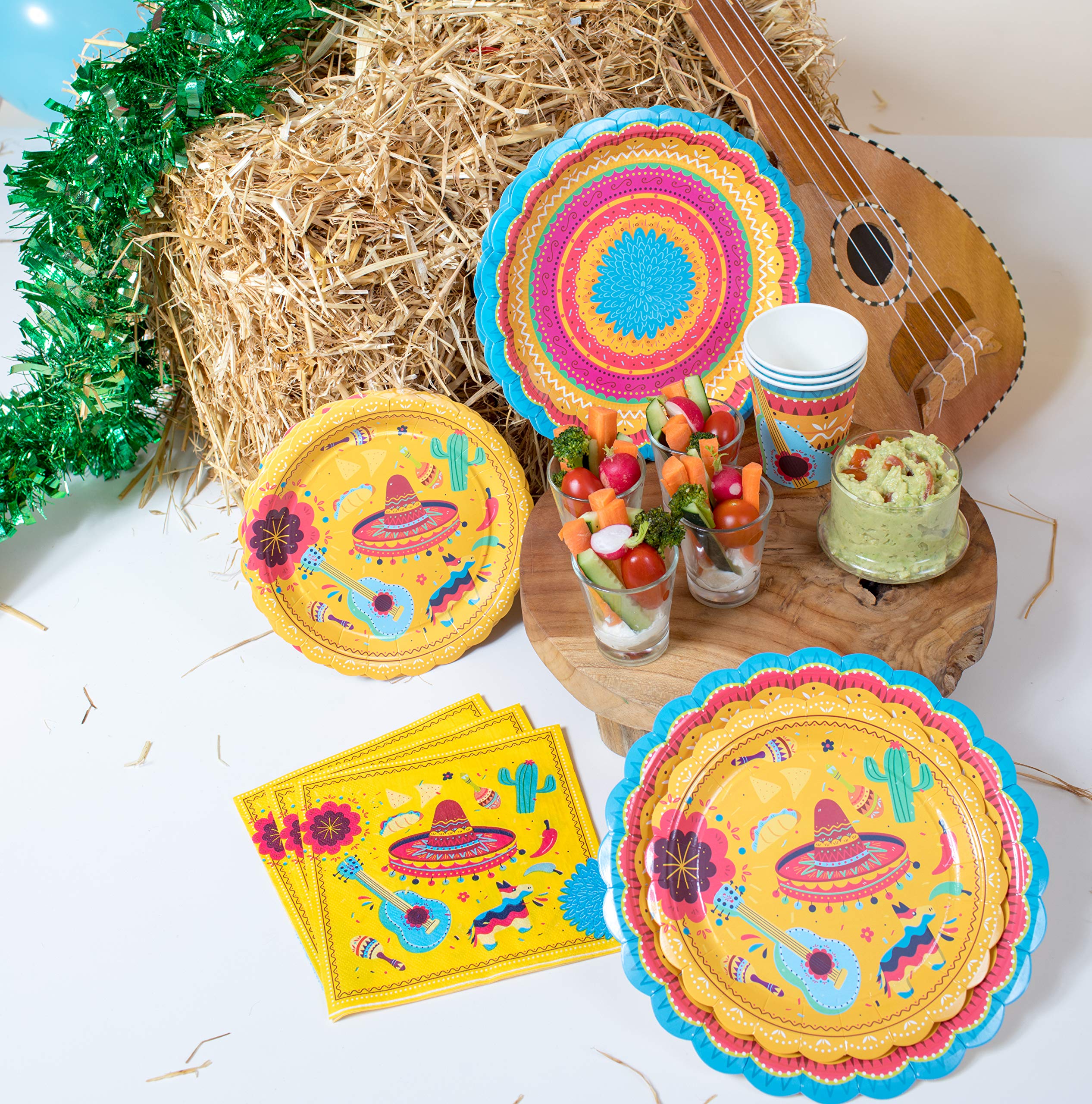 Vibrant Mexican Fiesta Party Supplies Set - 16 Large Dinner Plates, 16 Dessert Plates, 16 Cups & 16 Napkins | Perfect for Cinco de Mayo, Birthday Parties, Taco Nights & Themed Celebrations | Durable Disposable Tableware for Outdoor Gatherings & Family Events