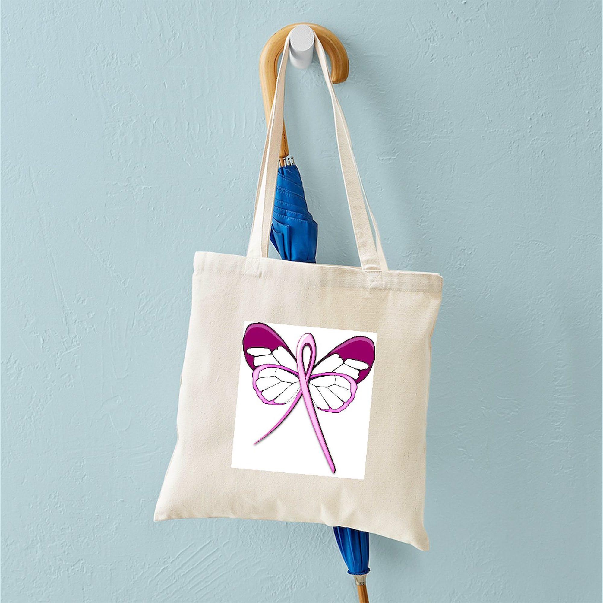 Breast Cancer Awareness Butterfly Tote Bag - Natural Canvas Reusable Shopping Bag for Women | Support Survivors, Grocery Shopping & Beach Day Essentials