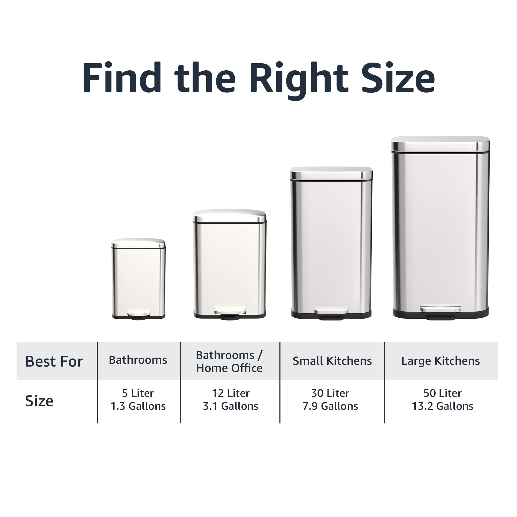 Amazon Basics Smudge Resistant Small Rectangular Trash Can with Soft-Close Foot Pedal - 12L/3.1 Gal Brushed Stainless Steel Bathroom & Living Room Garbage Bin - 11.3
