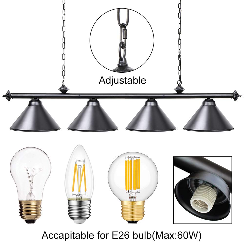 Wellmet 70 Inch 4-Light Modern Industrial Hanging Chandelier - Pool Table Lighting for 7ft 8ft Billiard Tables, Game Room & Kitchen Island Pendant Light with Lampshade | Perfect for Home Bars, Man Caves & Entertainment Spaces