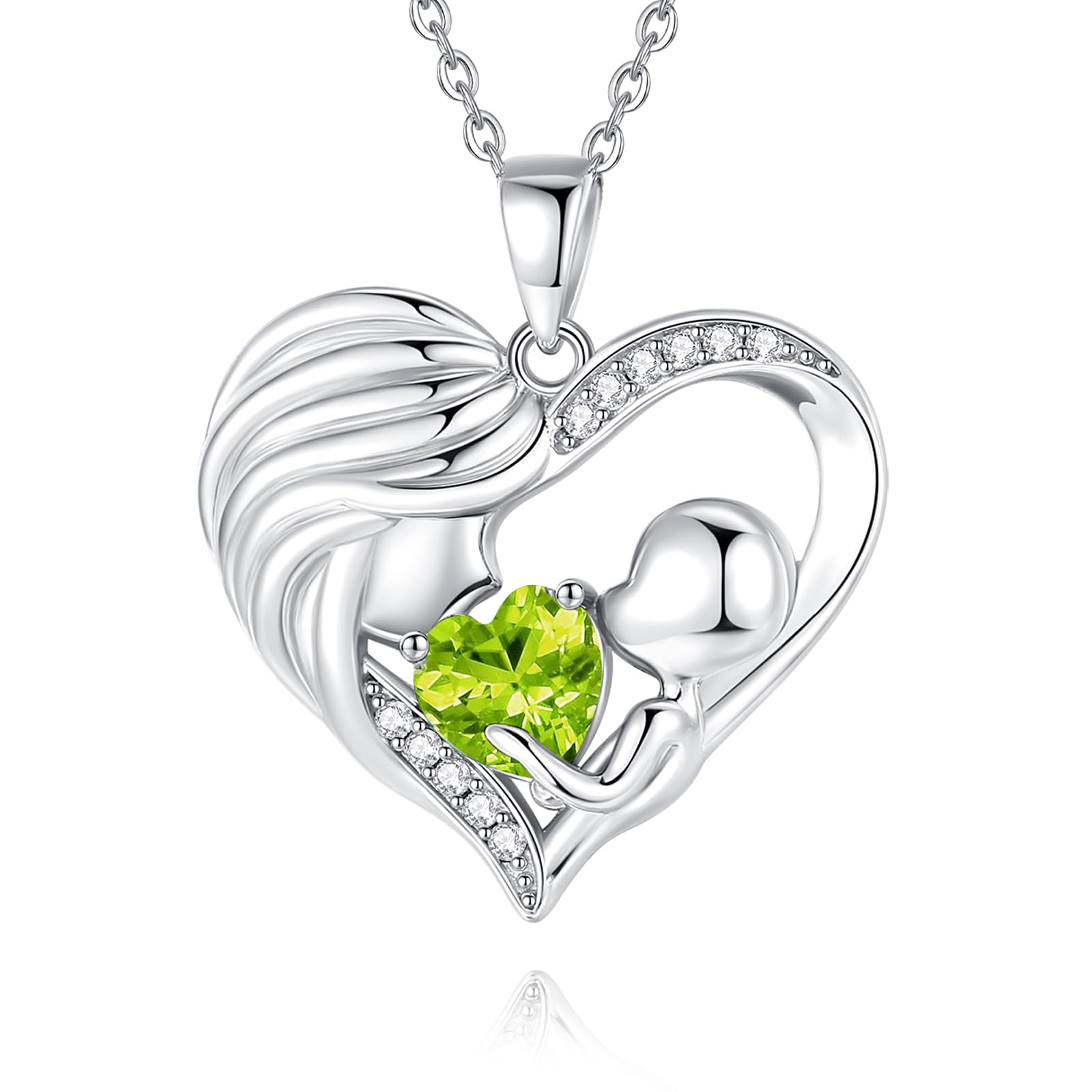 FANCIME Sterling Silver Mom Birthstone Necklace - Personalized Mother & Child Heart Pendant Jewelry - I Love You Mom Gift for Mother's Day, Birthday, Anniversary - 16