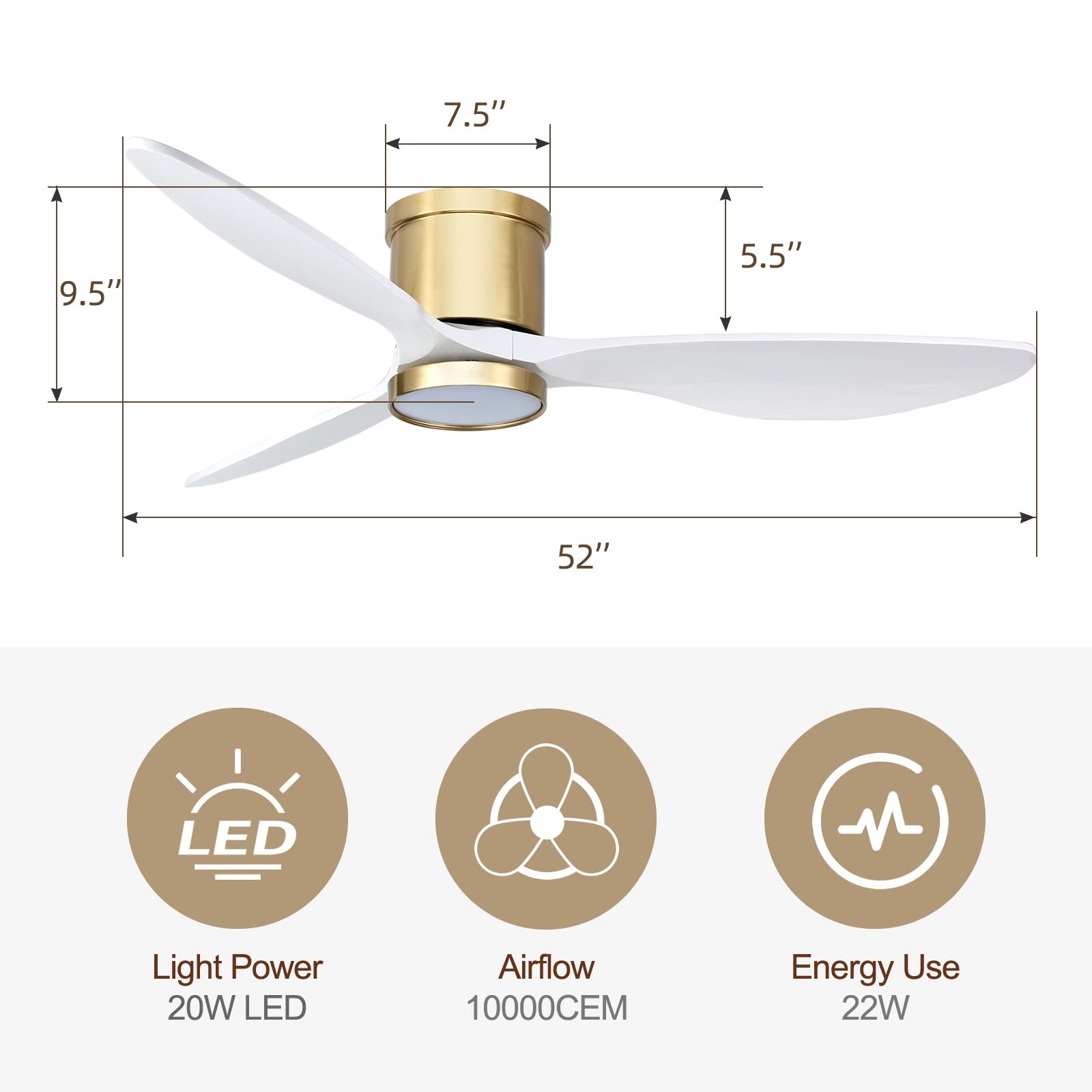 Ovlaim 52 Inch Smart Wood Ceiling Fan with Light and Remote Control - 3 Blade White Gold Modern Low Profile Flush Mount - Quiet DC Motor for Bedroom, Living Room, Office - Perfect for Home Cooling and Stylish Decor