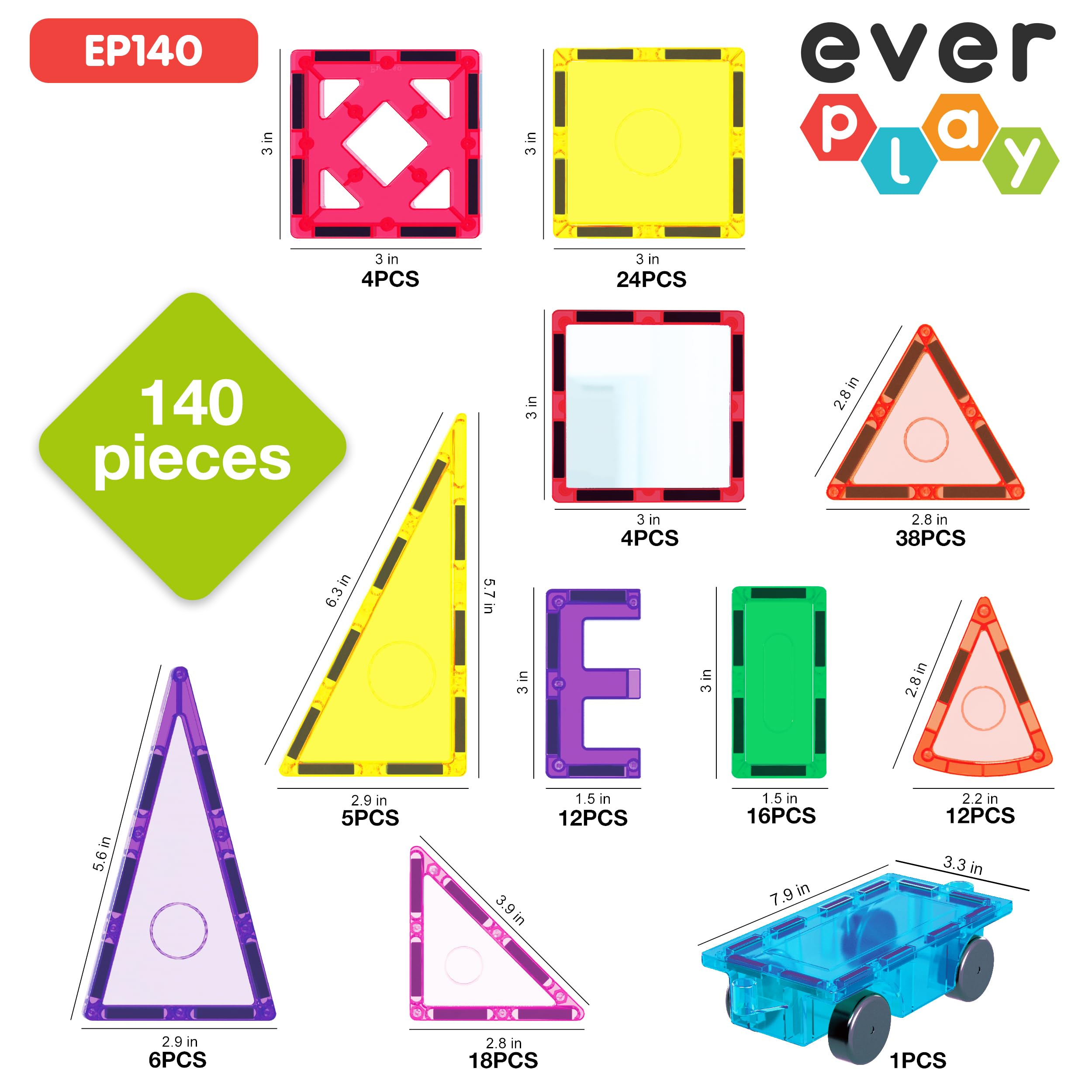 Everplay 140pc Magnetic Tiles Castle Rocket STEM Toy - Educational Building Blocks for Kids 3+ | Preschool Learning & Creative Play
