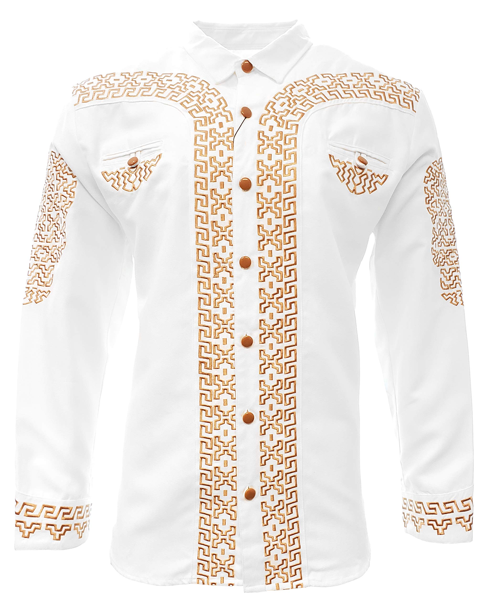 Authentic Mexican Men's Charro Shirt - Elegant White & Gold Embroidered Guayabera for Weddings, Fiestas & Special Occasions