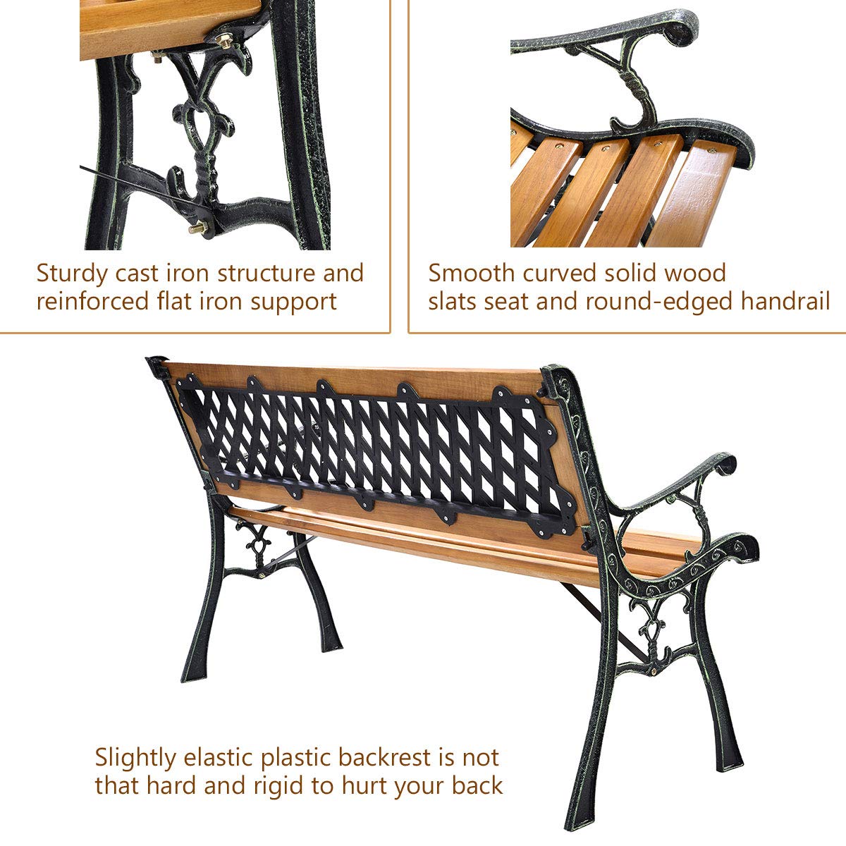 Giantex 50'' Outdoor Patio Bench - Cast Iron Hardwood Frame Weatherproof Loveseat for 2 Persons - Perfect for Porch, Garden, Backyard & Poolside Relaxation