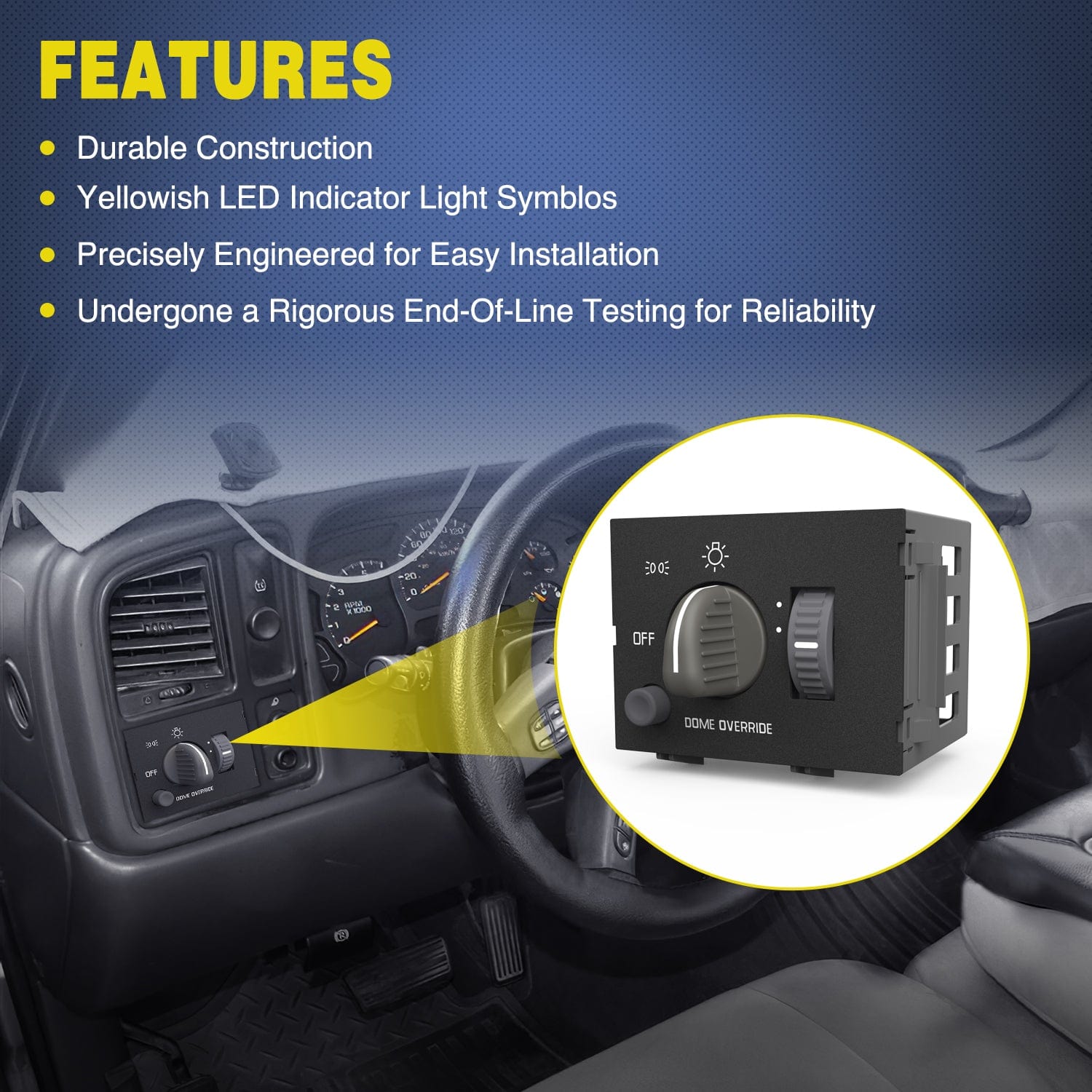 1995-1999 Chevy Silverado 1500 Tahoe Astro GMC Yukon Cadillac Escalade Headlight Dimmer Switch with Yellow LED Light - Perfect for Night Driving & Off-Road Adventures