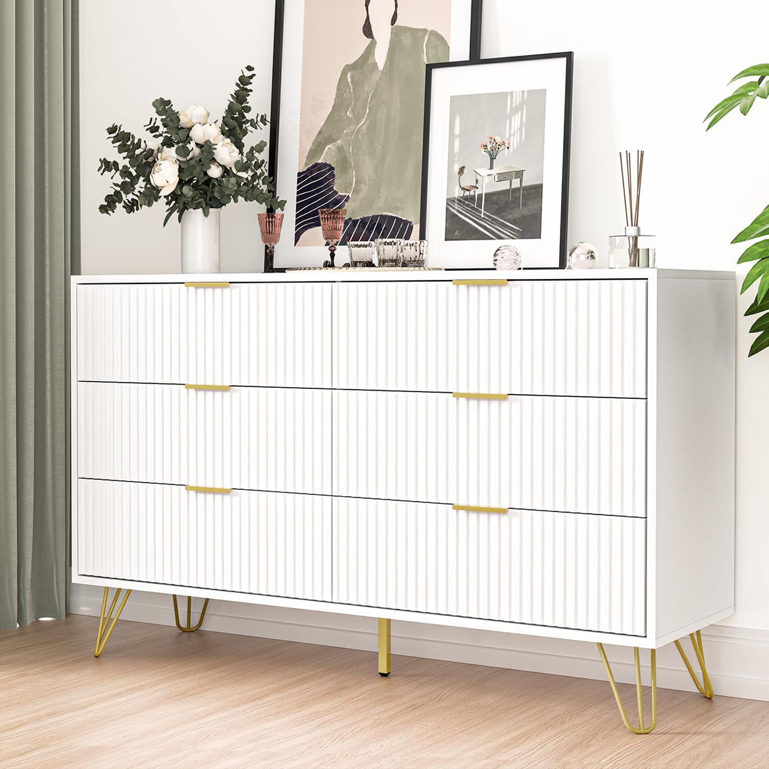 Modern White 6-Drawer Dresser with Gold Handles - Elegant Chest of Drawers for Bedroom & Living Room Storage, Perfect for Organizing Clothes, Linens, and Home Decor