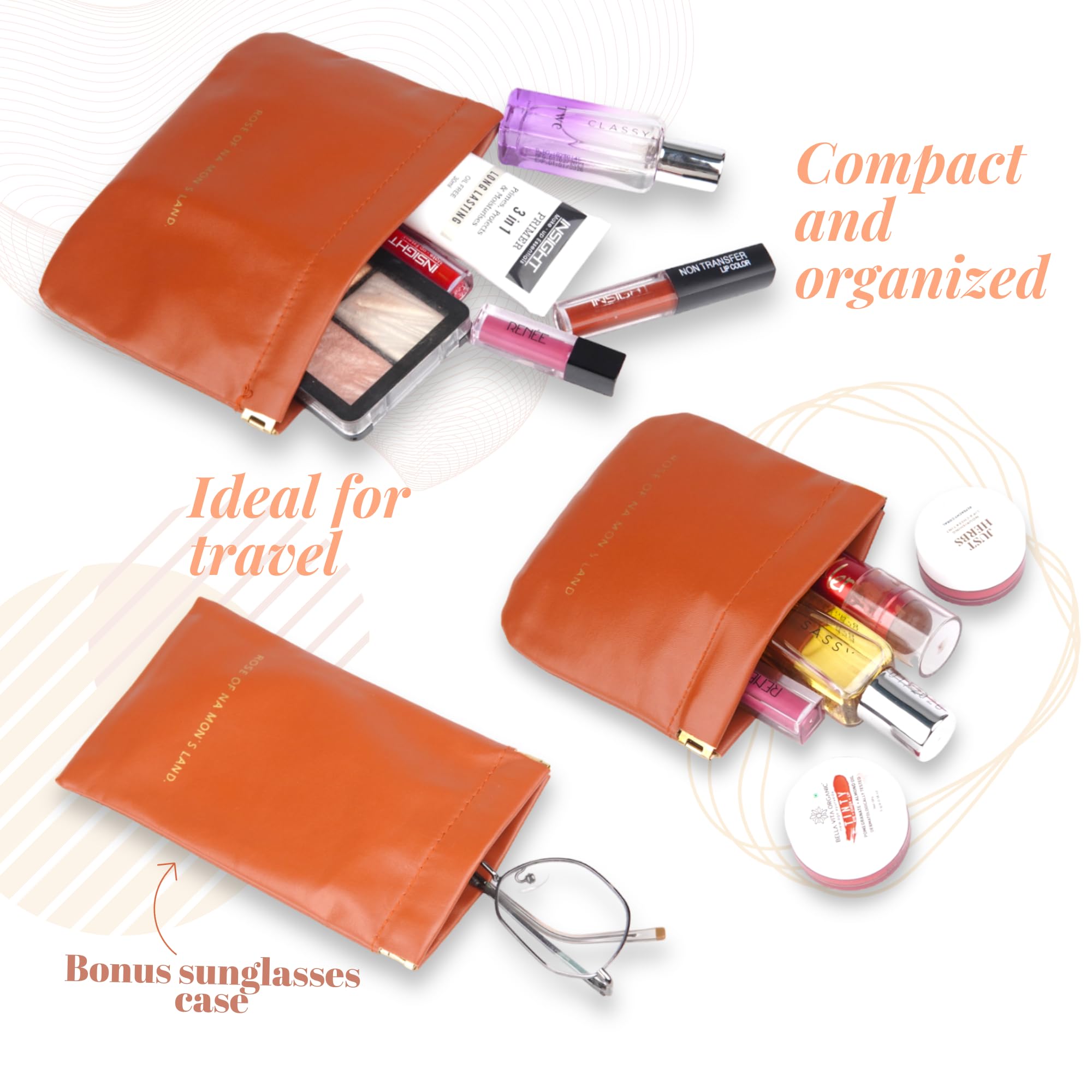 Waterproof Cosmetic Bag for Women - Travel Makeup Organizer Pouch with Sunglasses Case | Pack of 3 Brown Makeup Bags | Perfect for Purse, Gym, Travel & Daily Use
